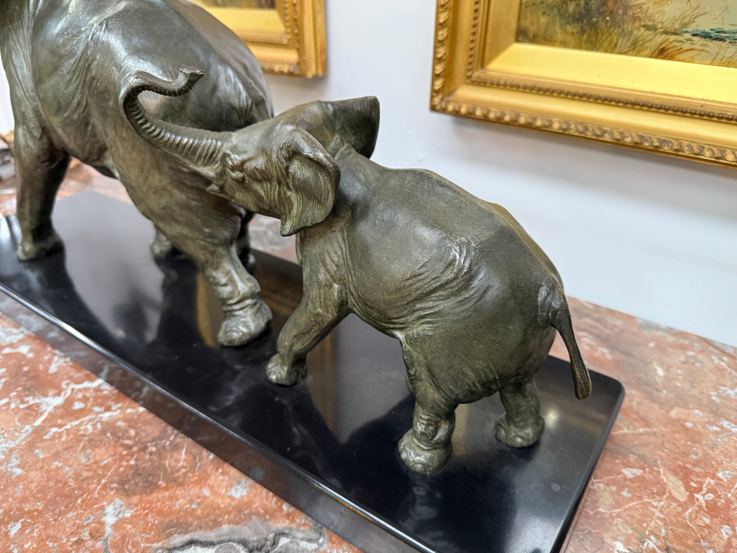 Art Deco Spelter Elephant Group On Marble Base