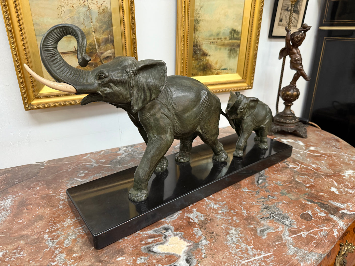 Art Deco Spelter Elephant Group On Marble Base