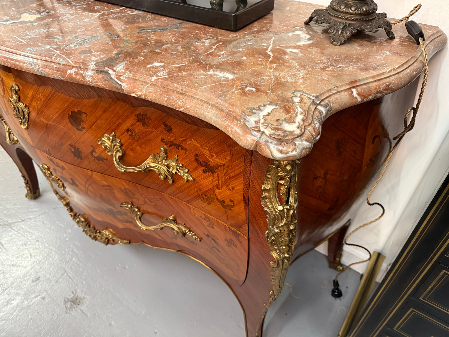 Louis XV Style Marquetry Inlaid Large Marble Topped Commode