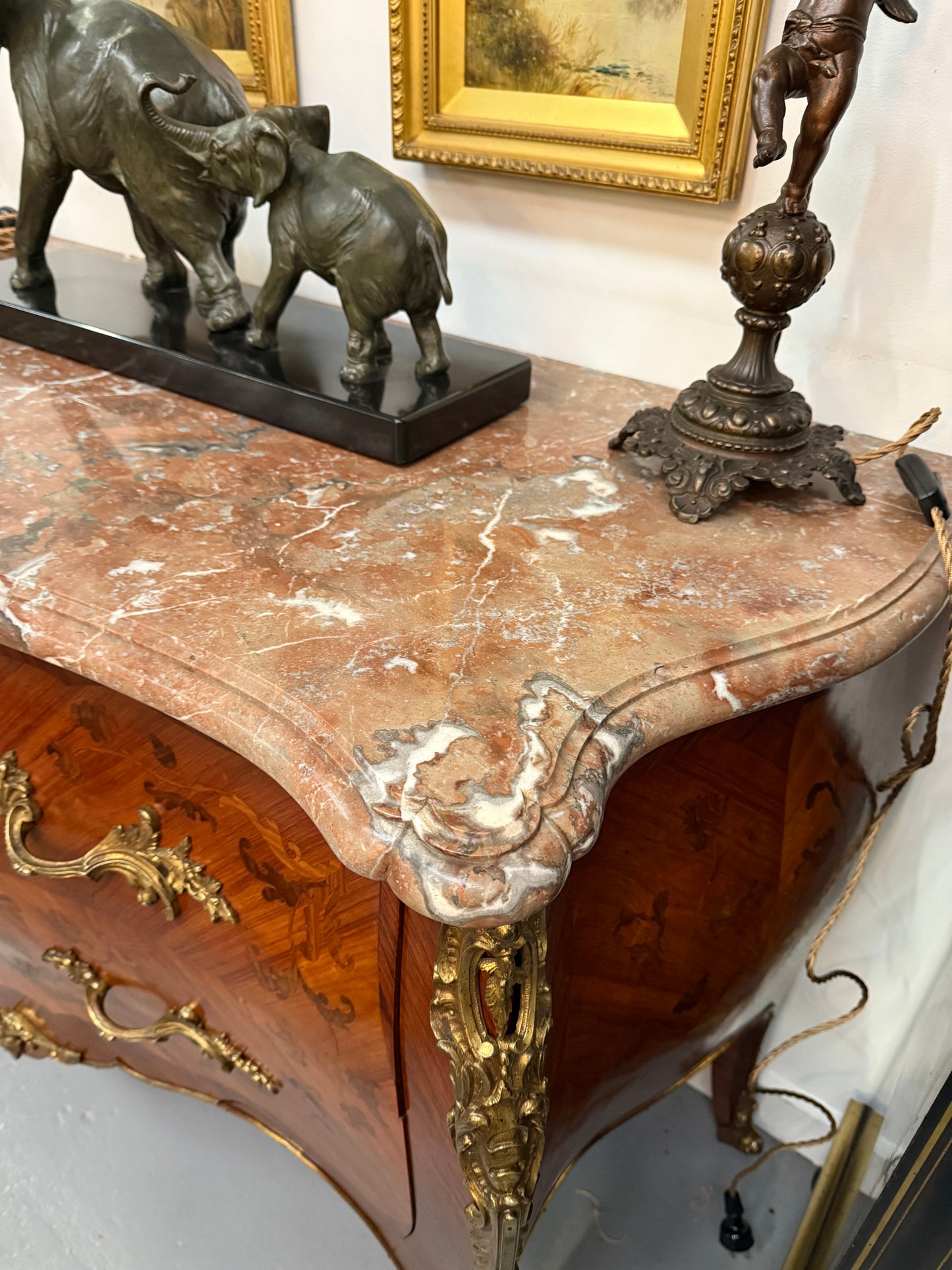 Louis XV Style Marquetry Inlaid Large Marble Topped Commode