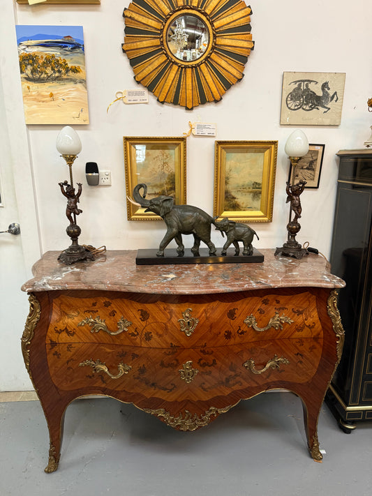 Louis XV Style Marquetry Inlaid Large Marble Topped Commode