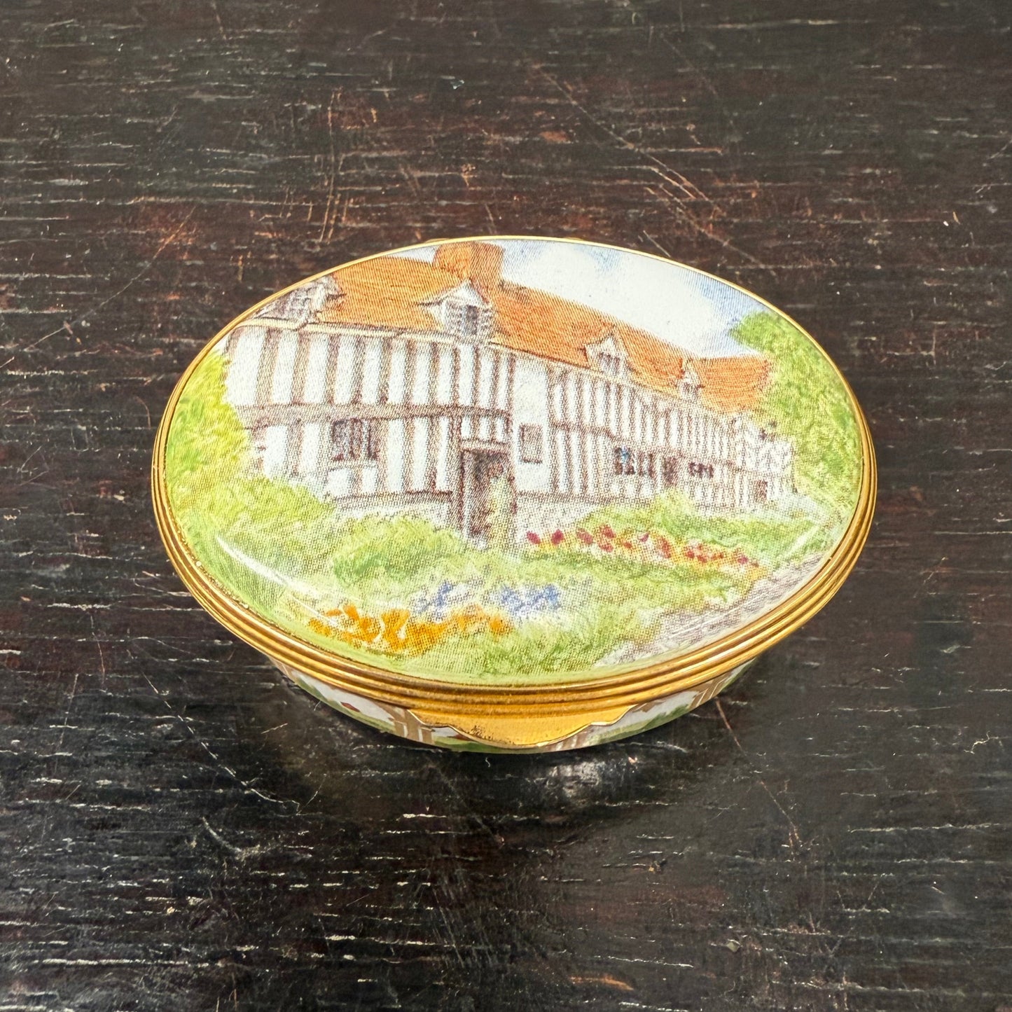 Royale Stratford Enamel On Copper Covered Box Hand Painted Lid Of Shakespeare Birthplace