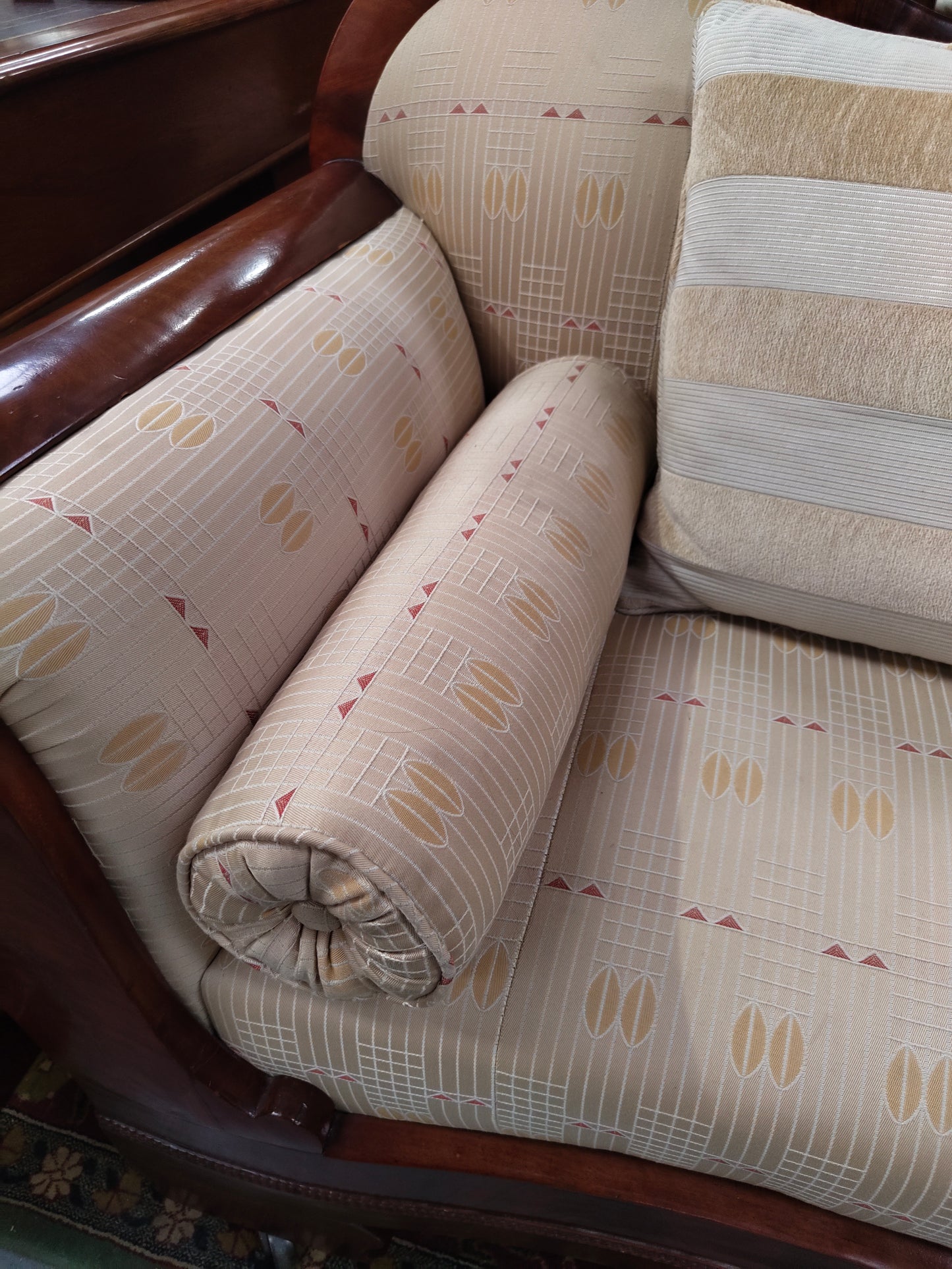 Stunning English Mahogany Empire Sofa, Scrolled Arms & Bolster Cushions