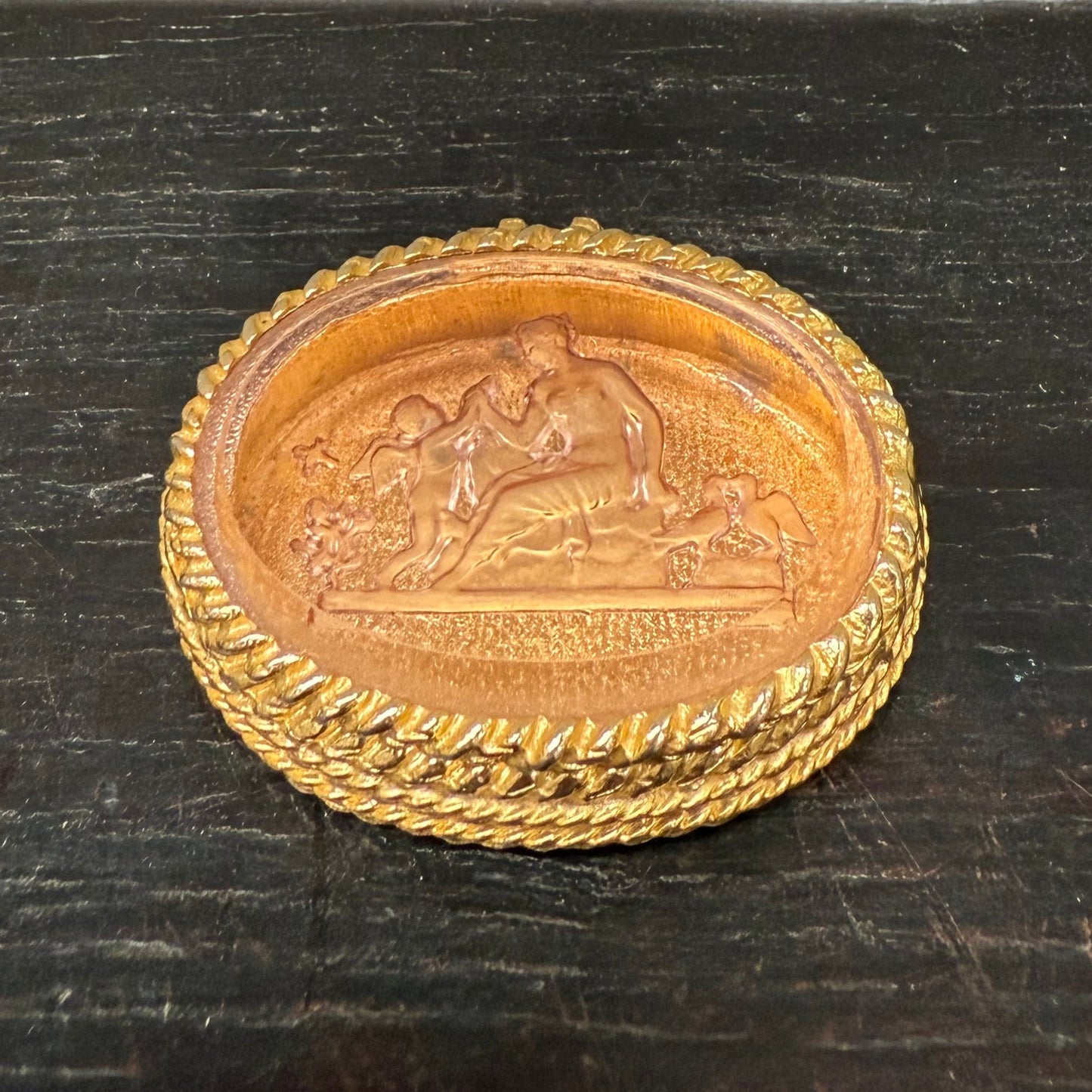 Vintage Italian Gilt Metal & Glass Intaglio Top Pill Box