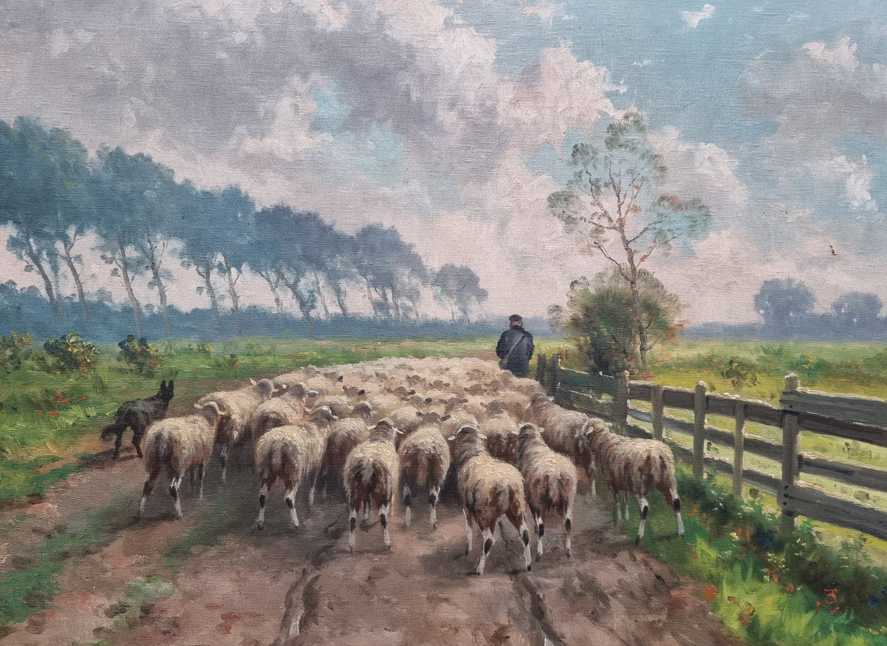 Sourced in France is this beautiful  oil painting on canvas of sheep on  a country farm and framed in a ornate gilt frame. In good original condition.