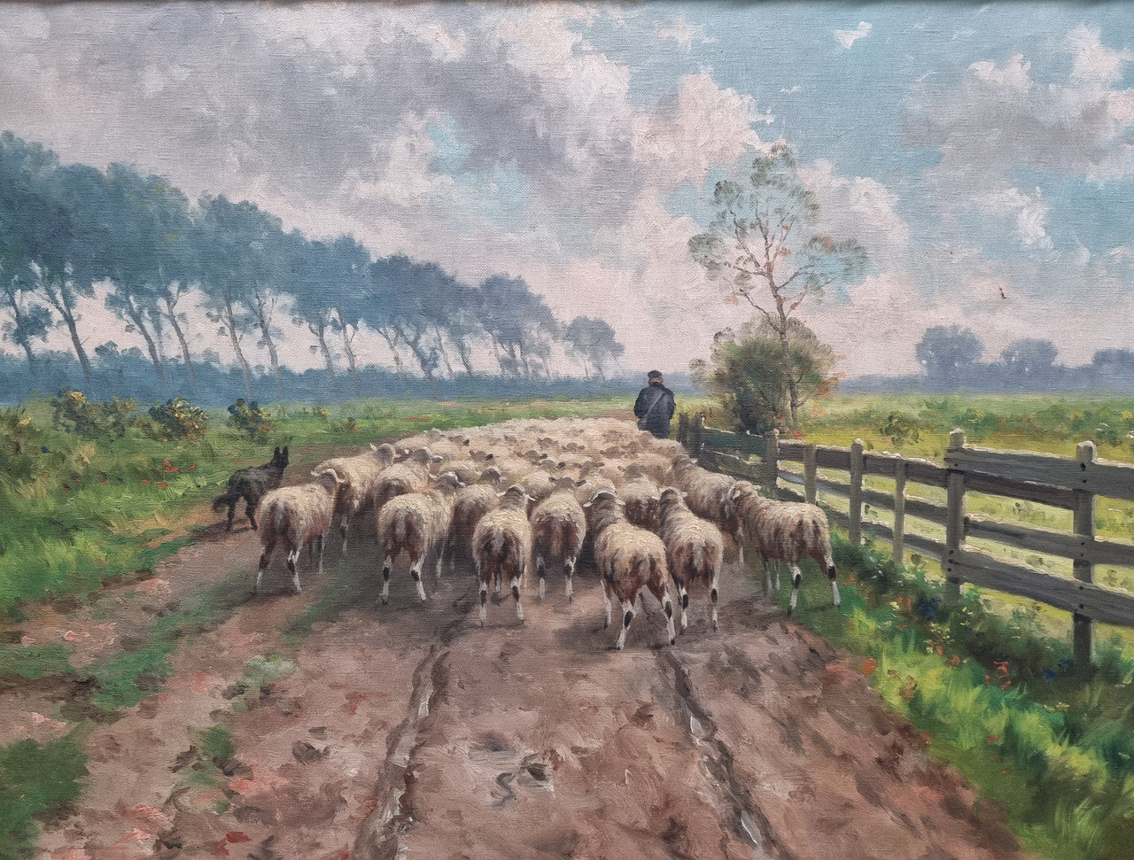 Sourced in France is this beautiful  oil painting on canvas of sheep on  a country farm and framed in a ornate gilt frame. In good original condition.