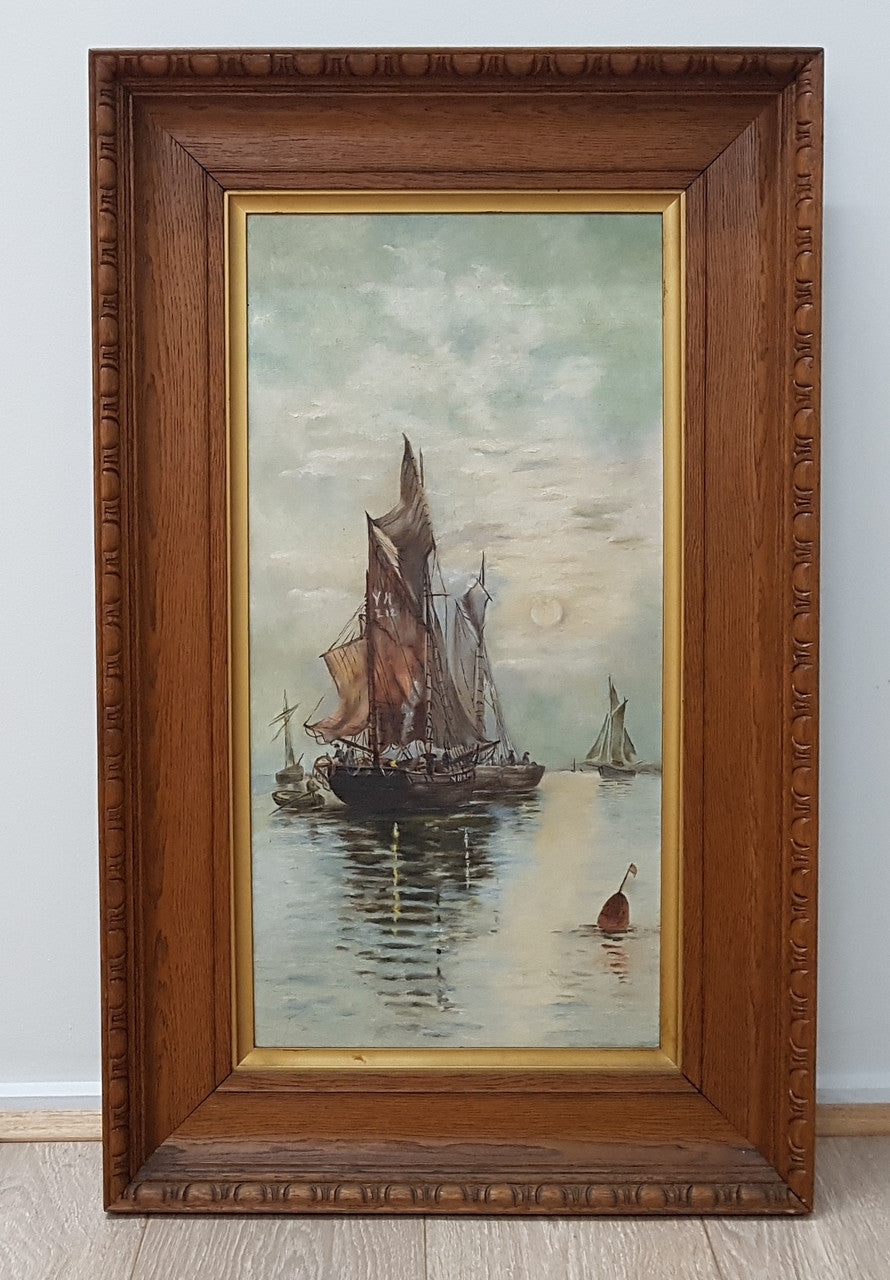 <span style="font-size: 0.875rem;">An Edwardian "Ship Scene" oil on canvas painting, framed in a timber frame. Sourced locally and </span><span style="font-size: 0.875rem;">in good original condition.</span>