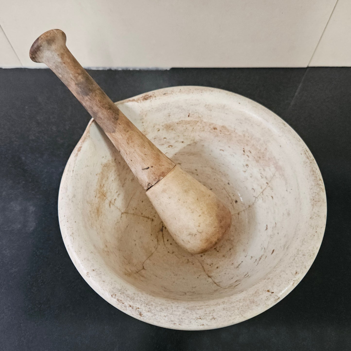 Antique Sheoak/Ceramic Apothecary Mortar and Pestle