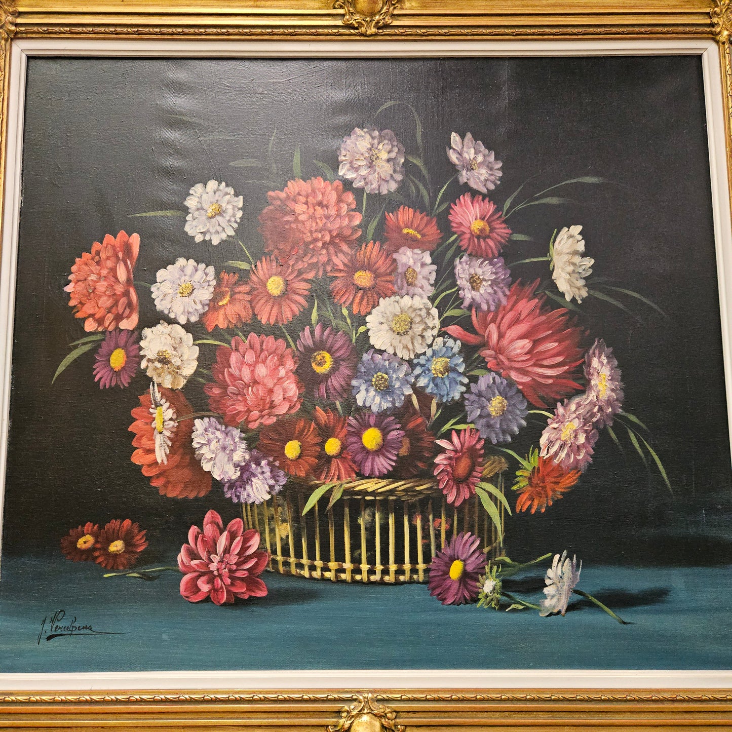 Sourced from France a vibrant signed oil on canvas floral still life in a stunning gilt frame. In good original detailed condition. Please see photos as they form part of the description and condition.