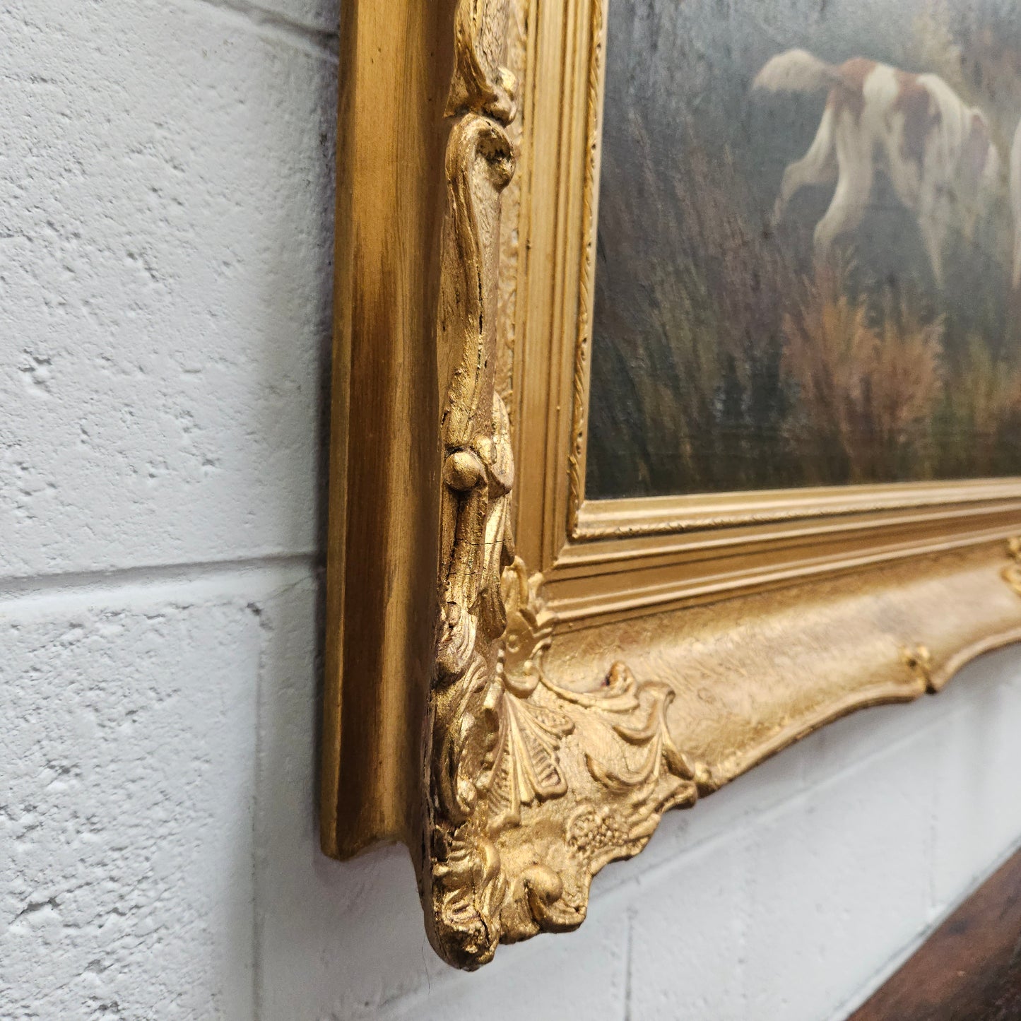 Sourced from France we have a beautiful signed oil on canvas "hunting scene" painting. In a decorative gilt frame and in good original condition. Please see photos as they form part of the description and condition.