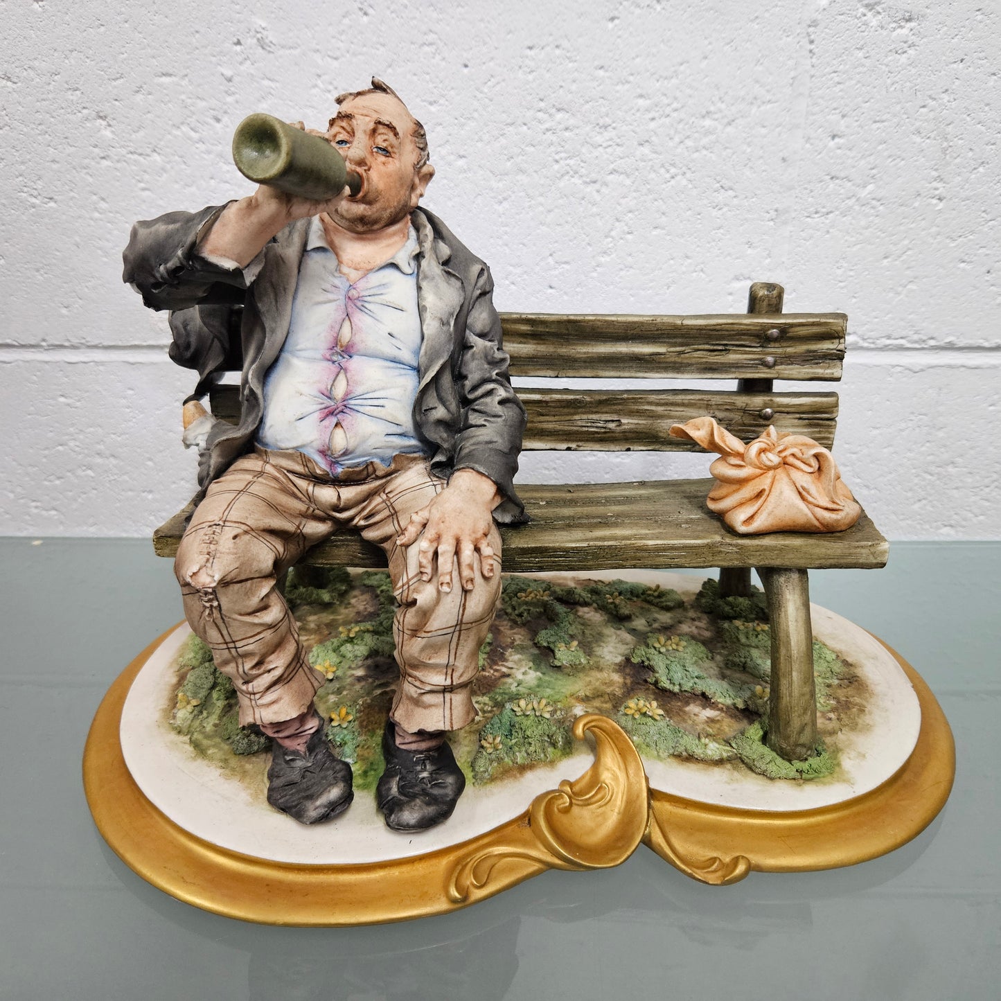 Vintage Capodimonte Tramp Sitting on Park Bench