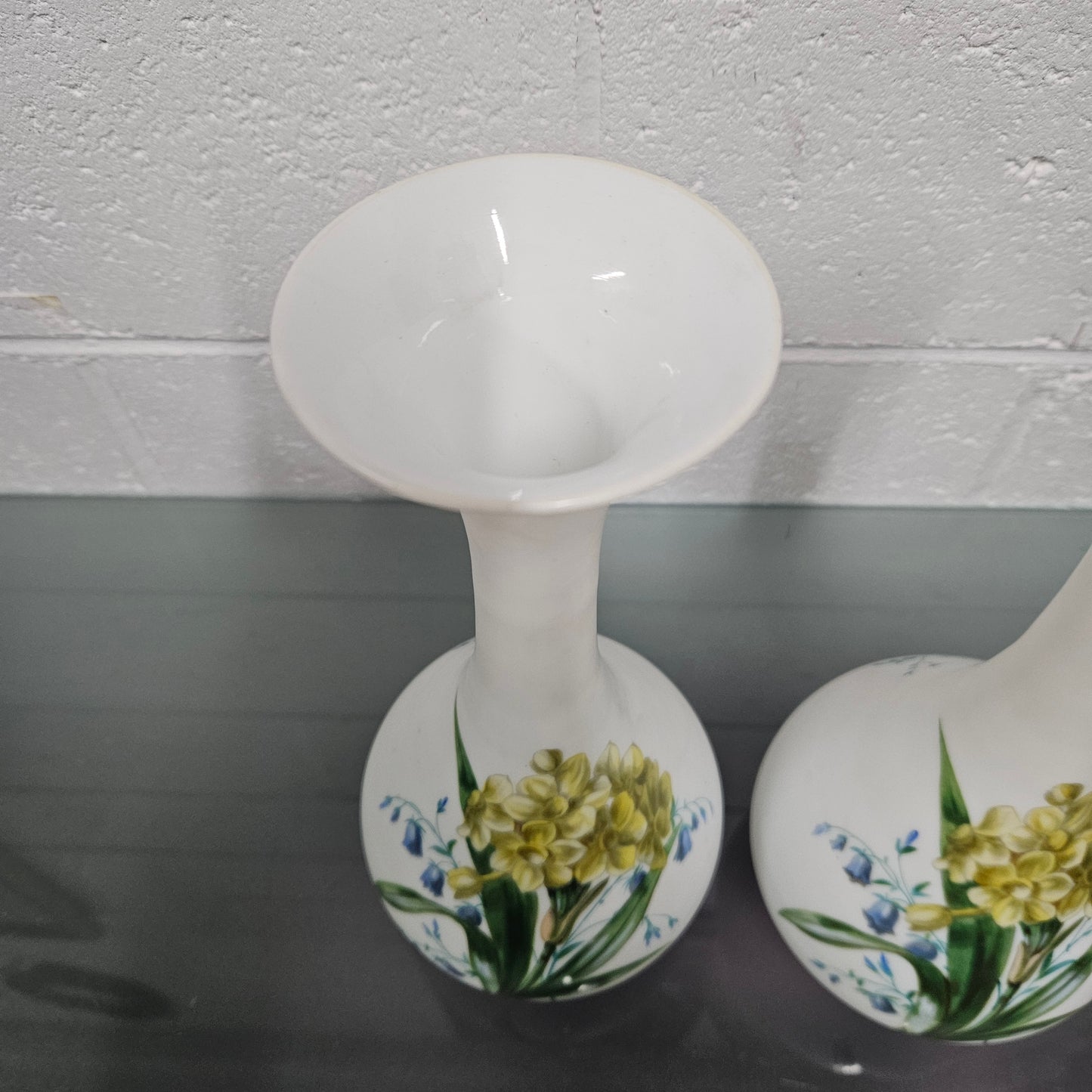 Pair Of Hand Painted Antique Milk Glass Vases Featuring Daffodils
