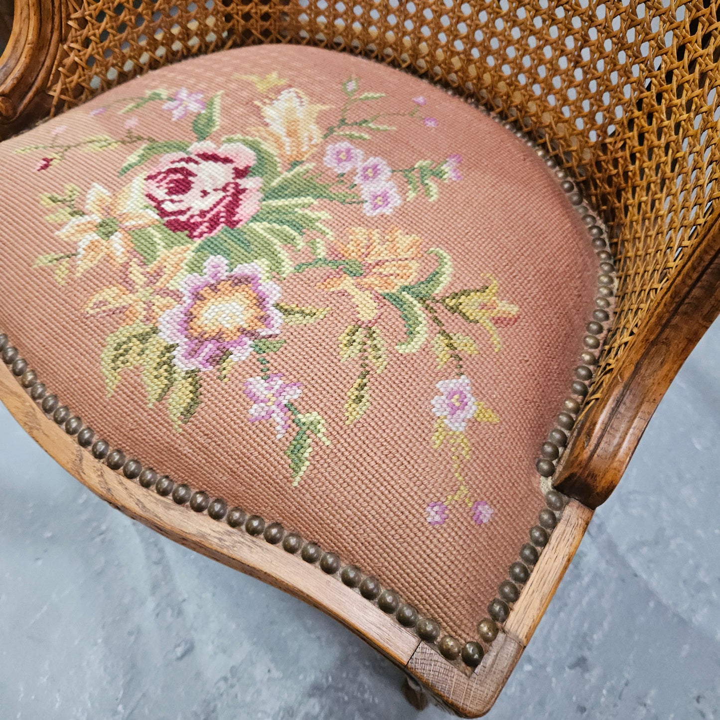 French Oak Louis XV Style Tapestry Upholstered Fauteuil