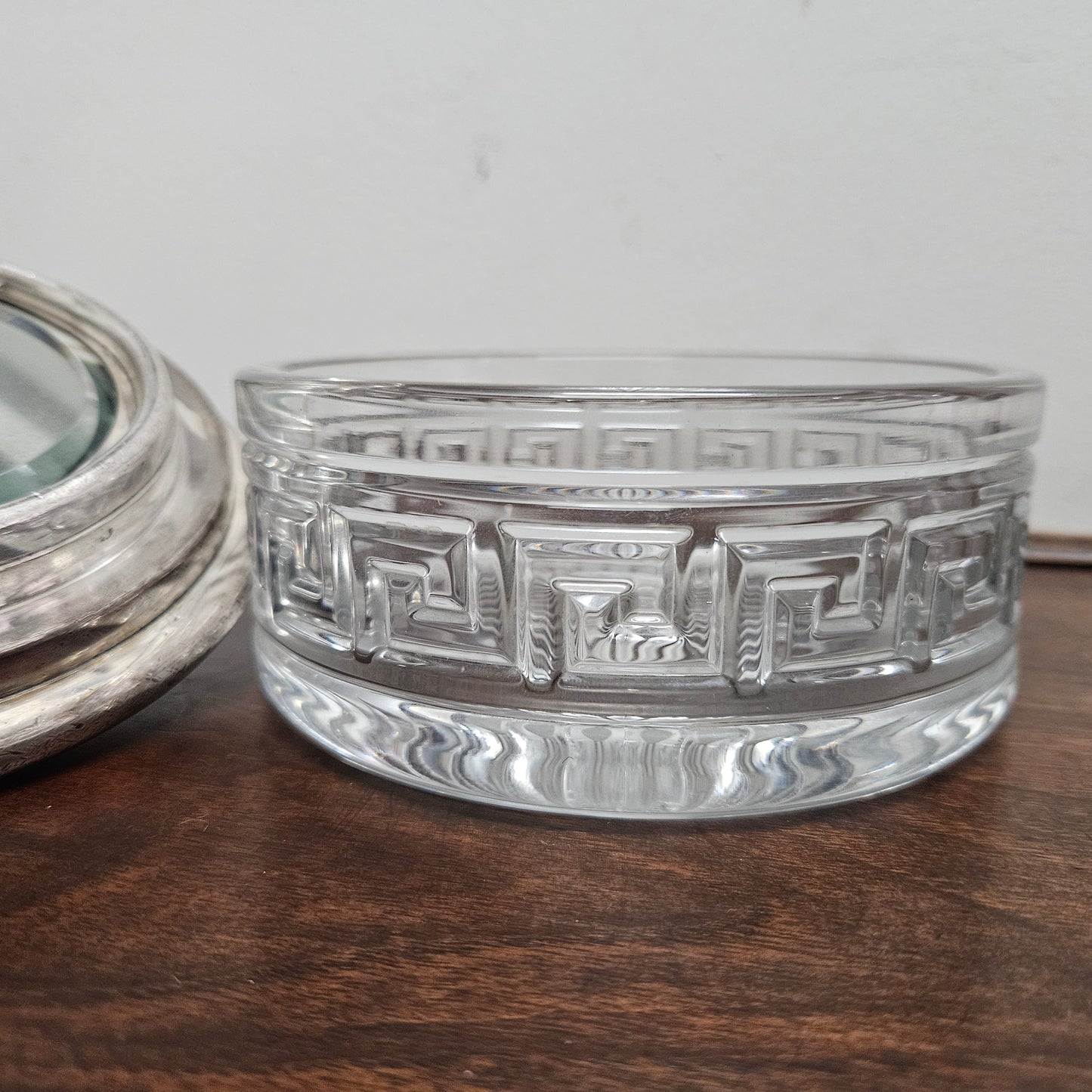 Unusual Victorian Vanity Glass Container with "Greek Key Pattern to Base" with a Silver Lid & Internal Mirror