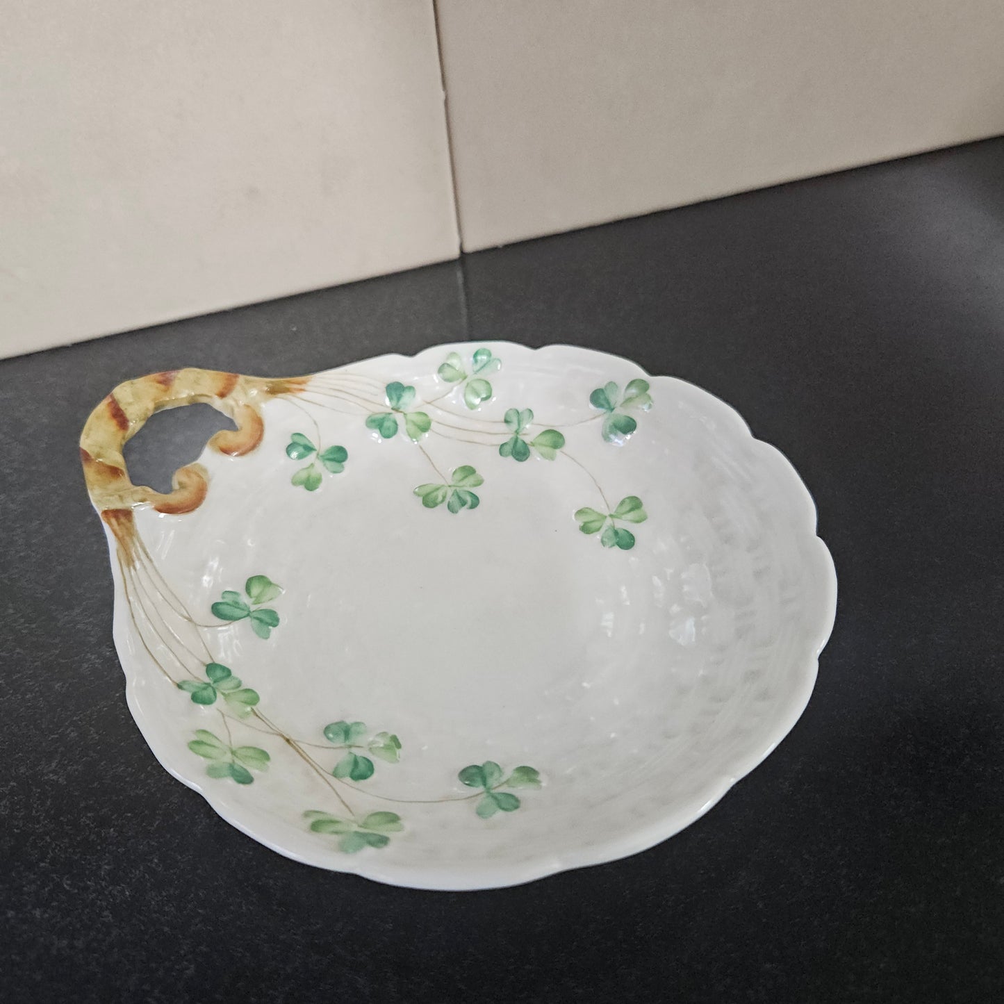 Belleek Shallow Dish With Shamrock Pattern.