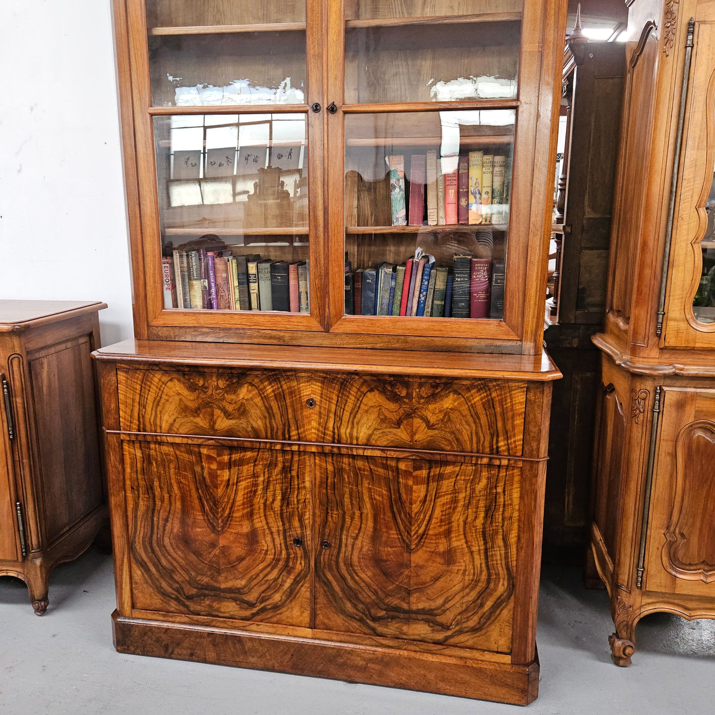 19th Century French Figured Walnut Two Door Bookcase Secretaire