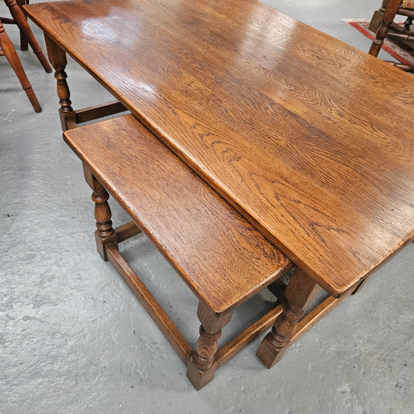Large Period Style French Oak Coffee Table With Two Pull Out Side Tables