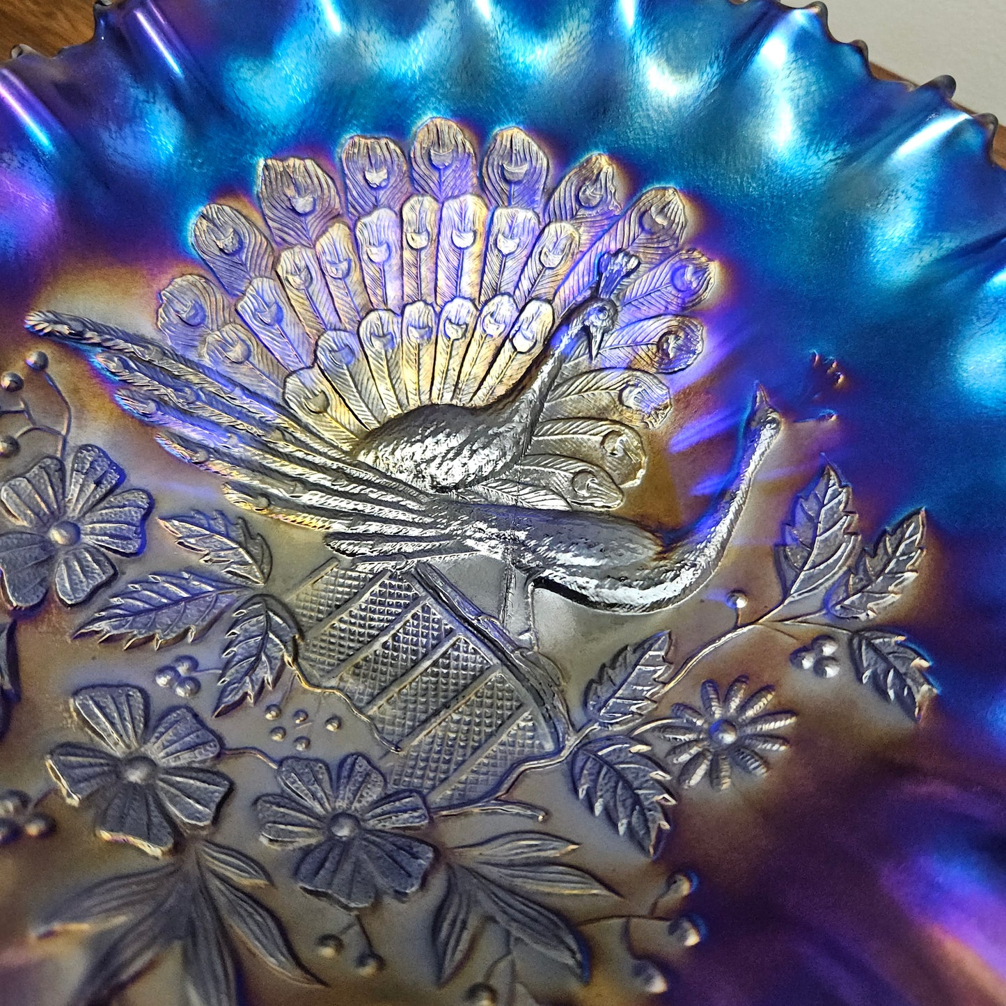 Superb Electric Blue Carnival Glass Bowl Northwood Peacocks