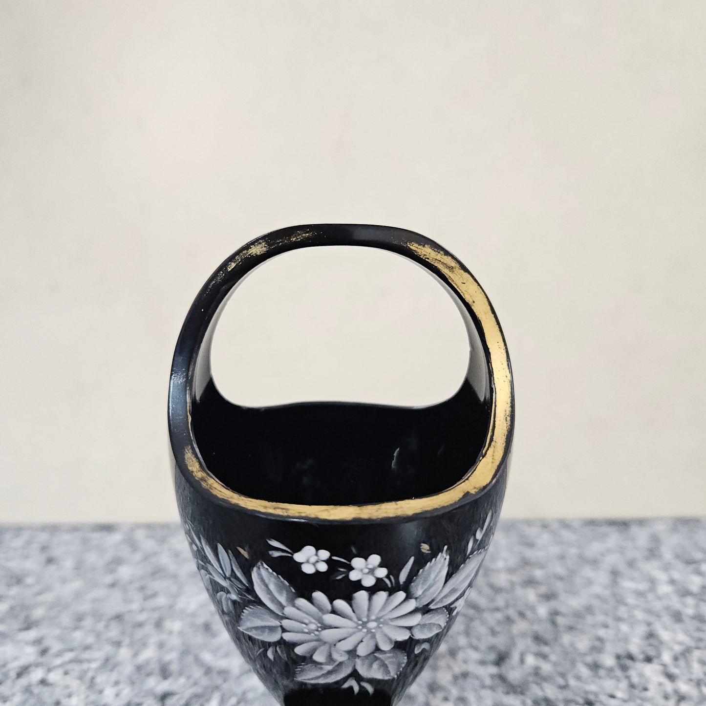 Victorian Enamel Black Glass Basket Vase