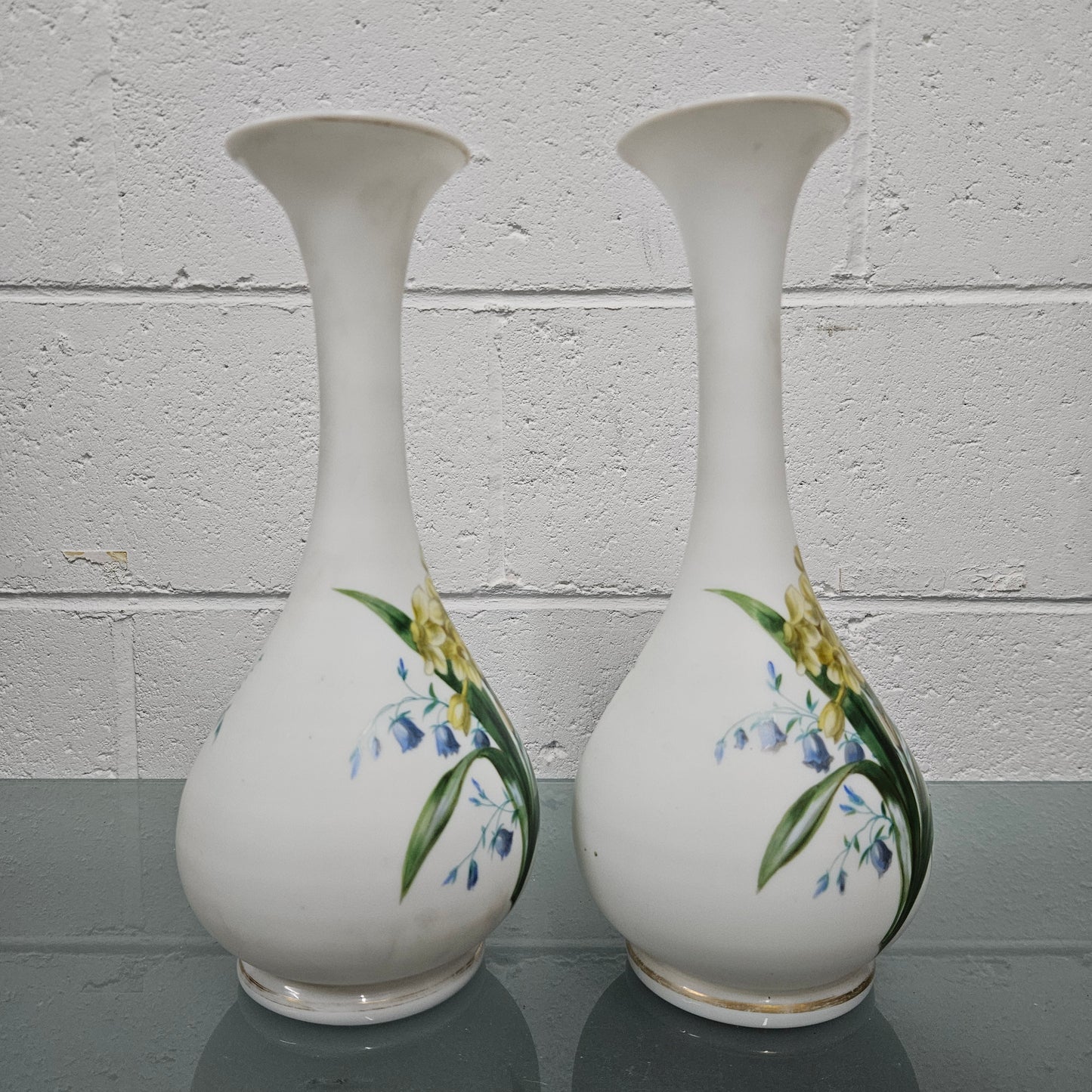Pair Of Hand Painted Antique Milk Glass Vases Featuring Daffodils