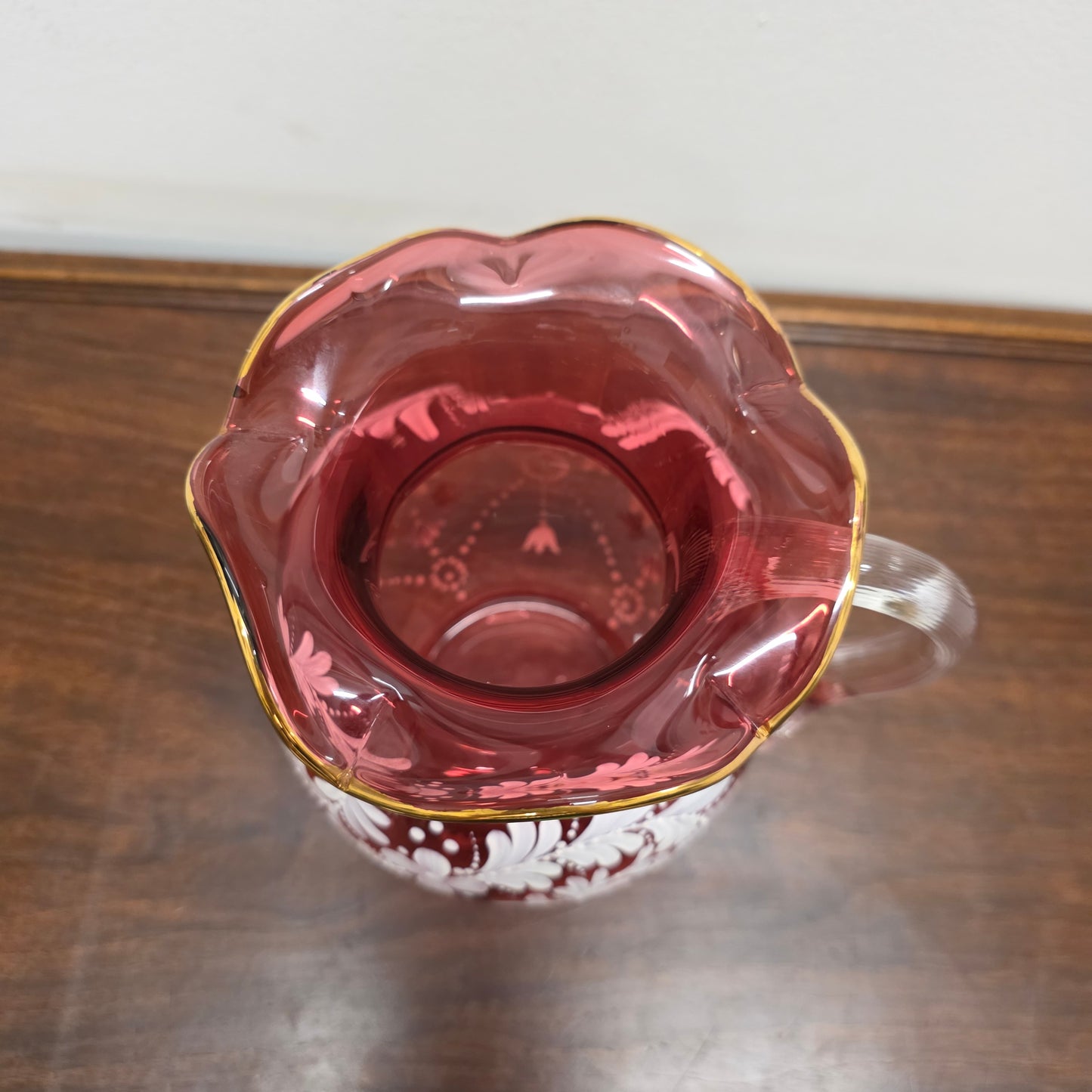 Vintage Ruby & Enamel Painted Glass Jug