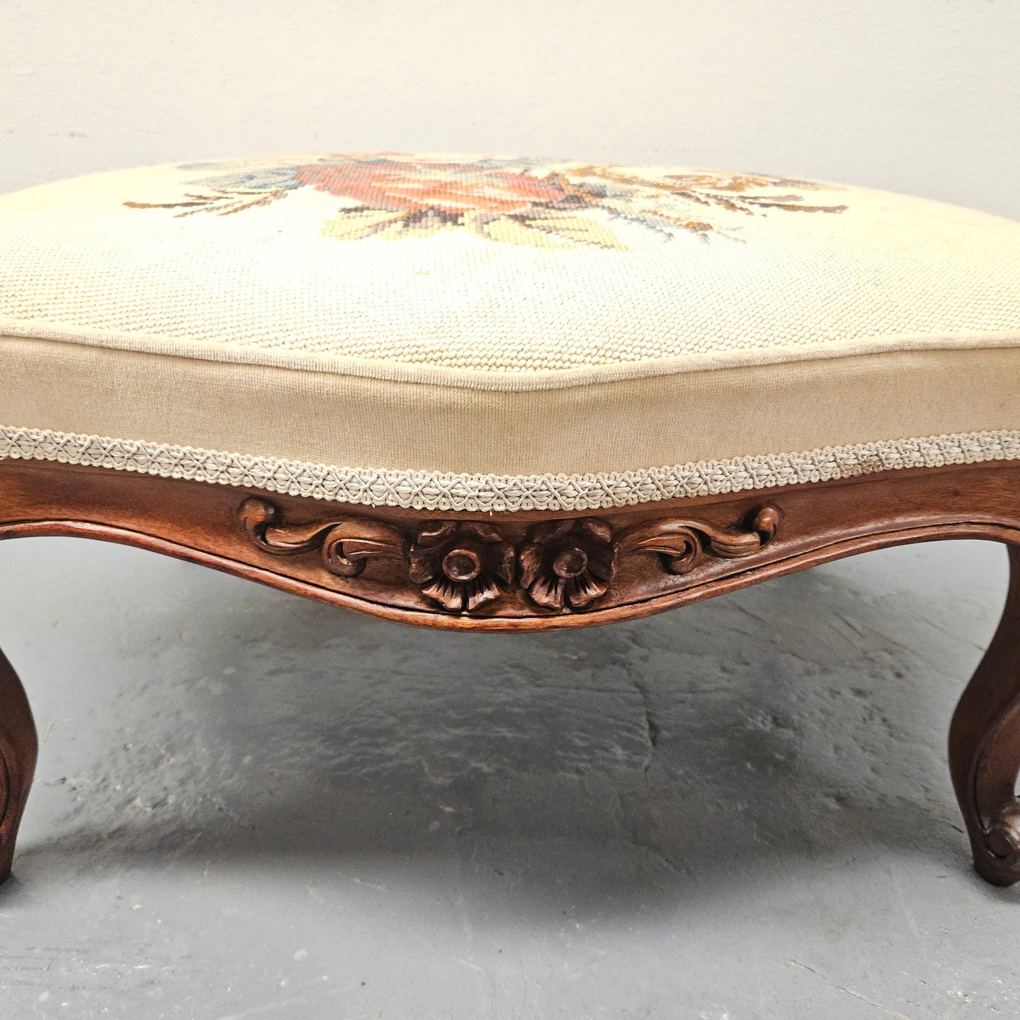 French Mahogany Louis XV Style Footstool With Floral Tapestry