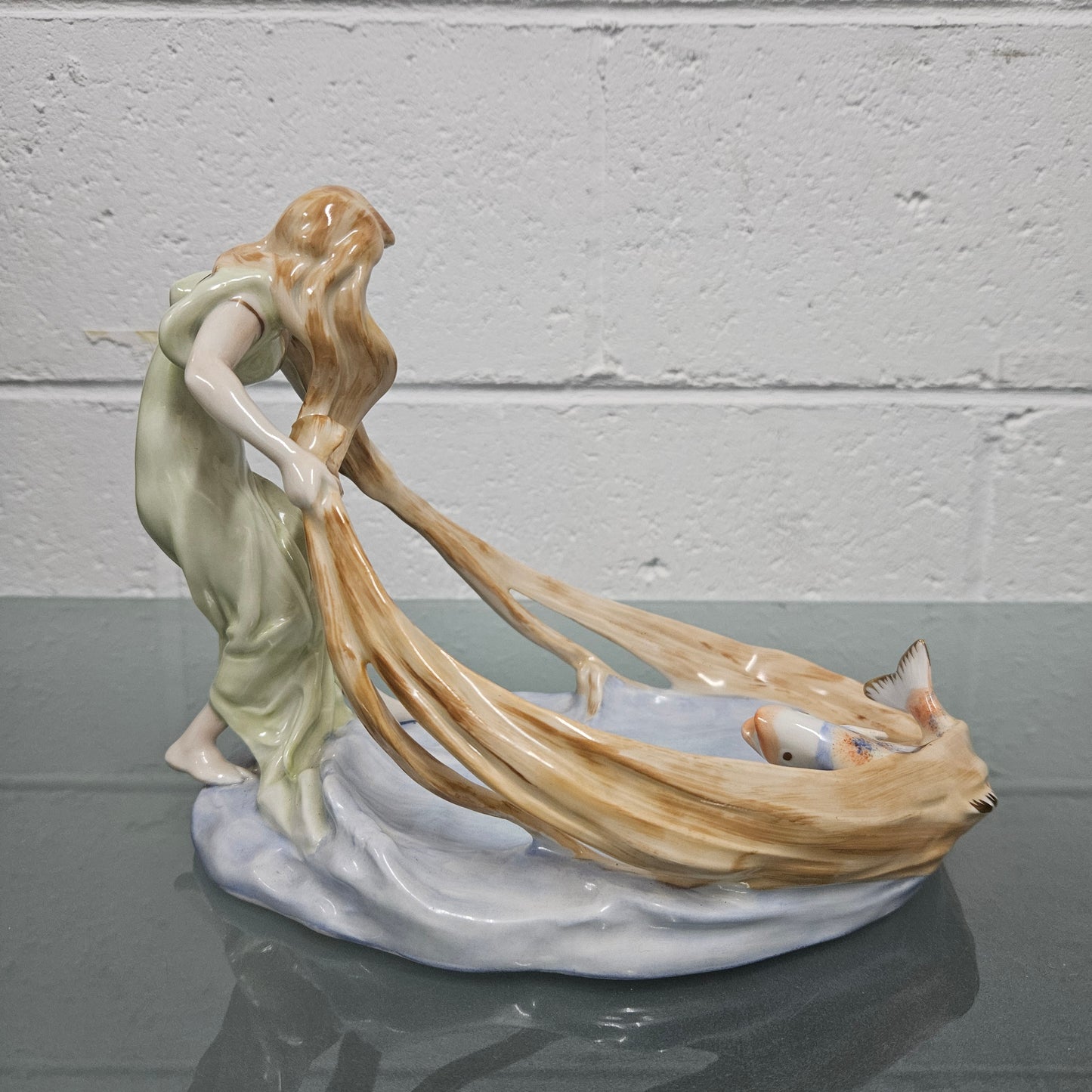 Rare PMP Dresden Plaue Schierholz Porzelain Art Nouveau Lady In Fish Pool