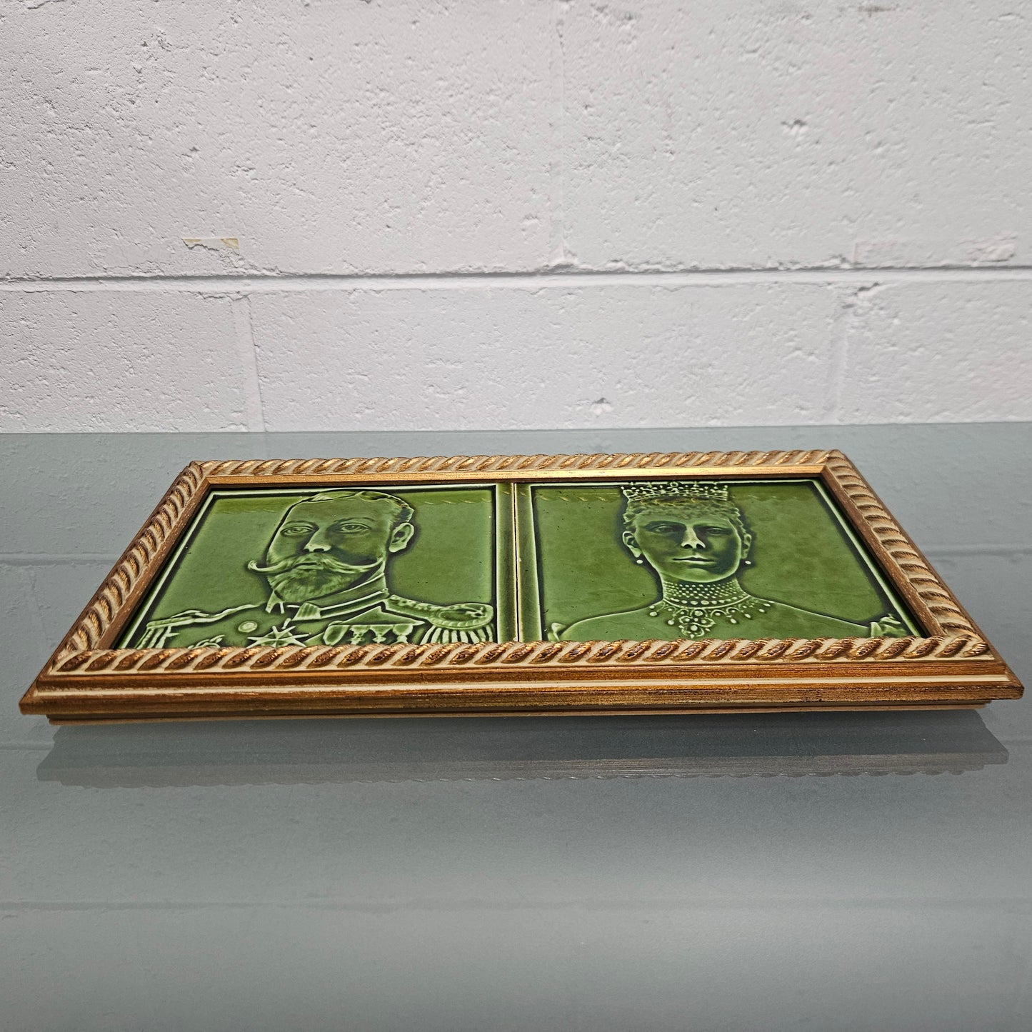 Pair Rare Edwardian Framed Tiles King Georg V & Queen Mary