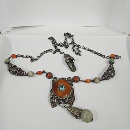 Vintage Tibetan Natural Stone & Silver Necklace