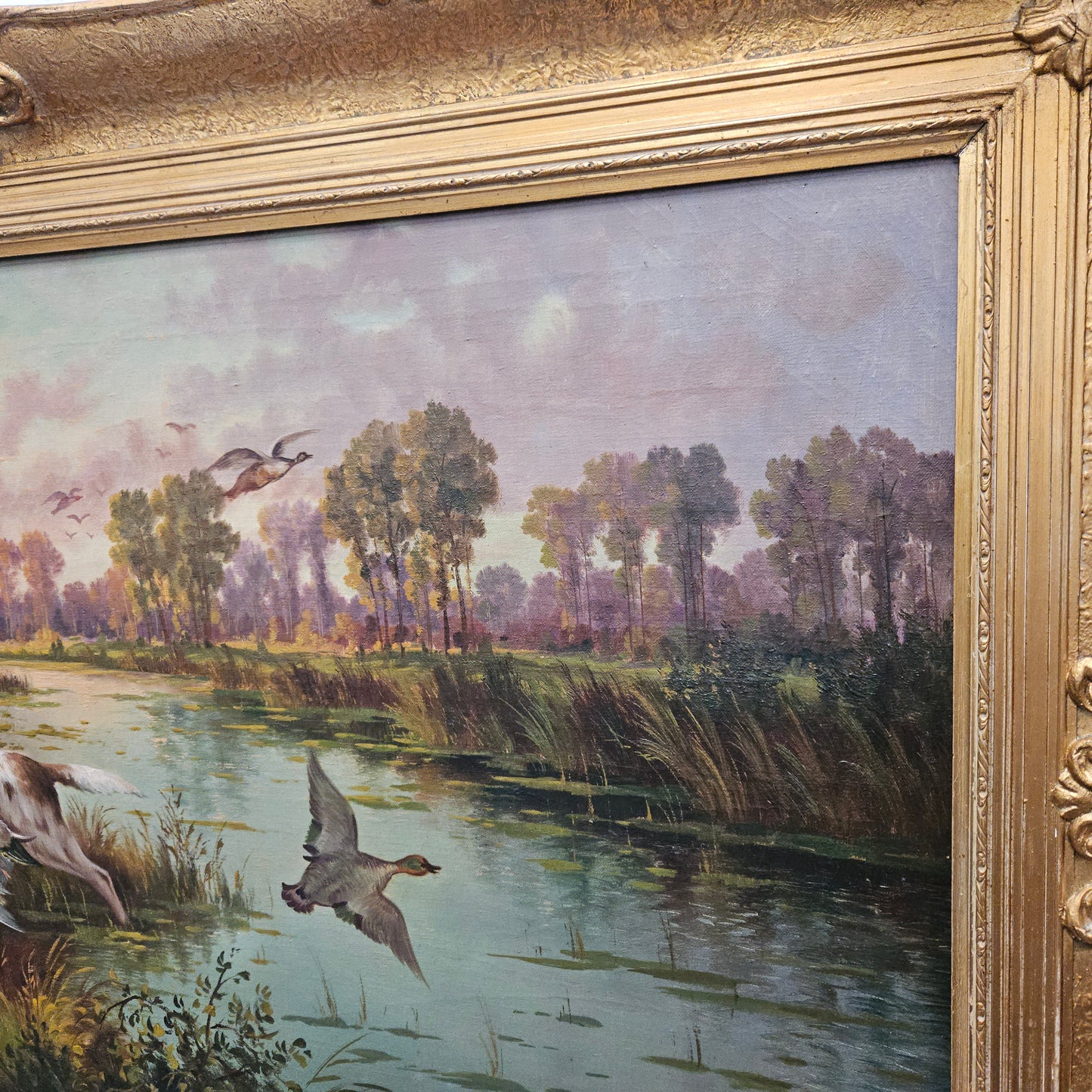 Sourced from France we have a beautiful signed oil on canvas "hunting scene" painting. In a decorative gilt frame and in good original condition. Please see photos as they form part of the description and condition.