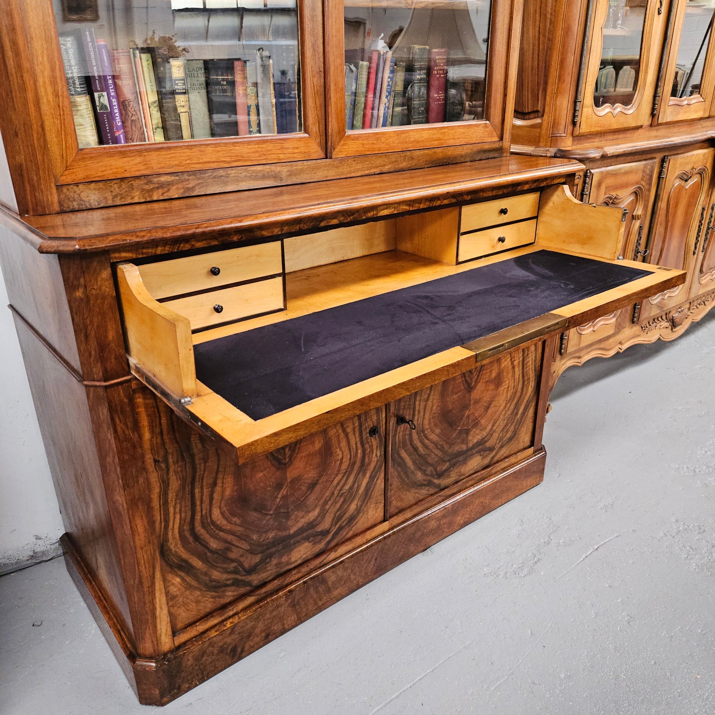 19th Century French Figured Walnut Two Door Bookcase Secretaire