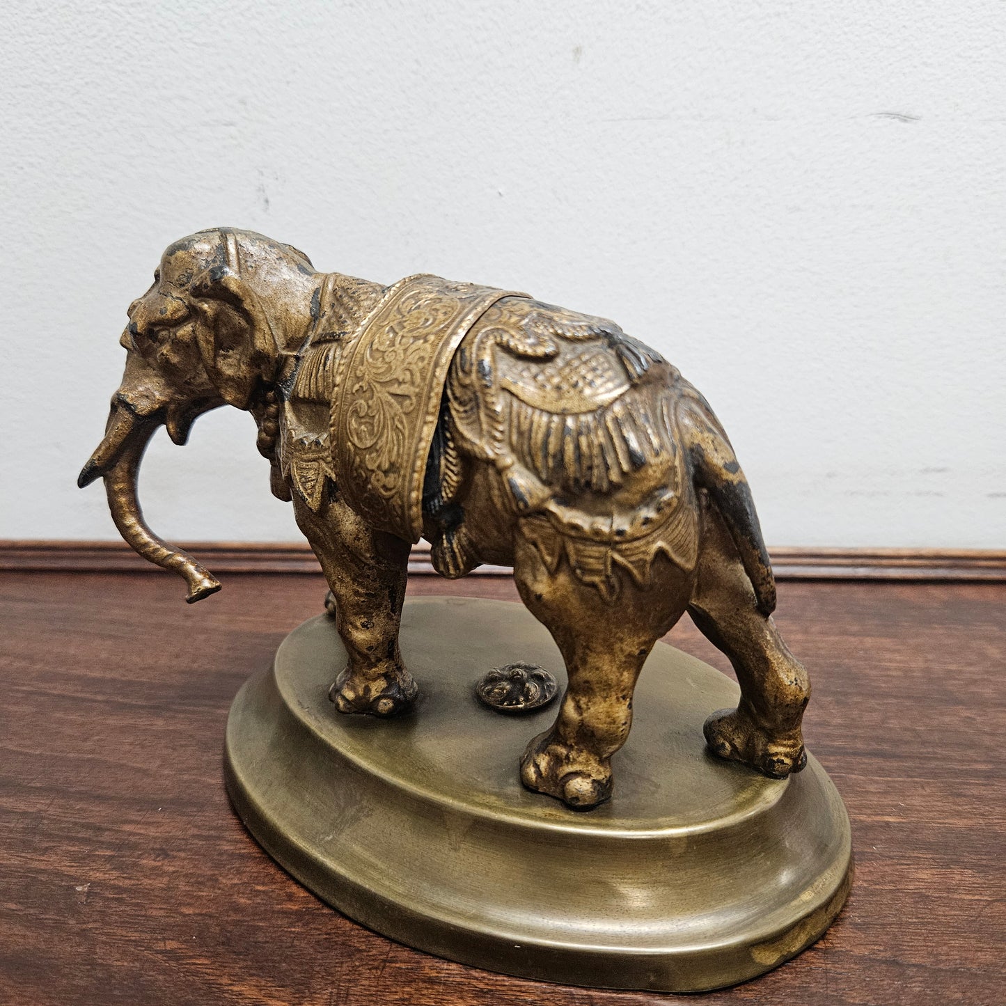 Antique Brass Detailed Elephant Statue On Stand