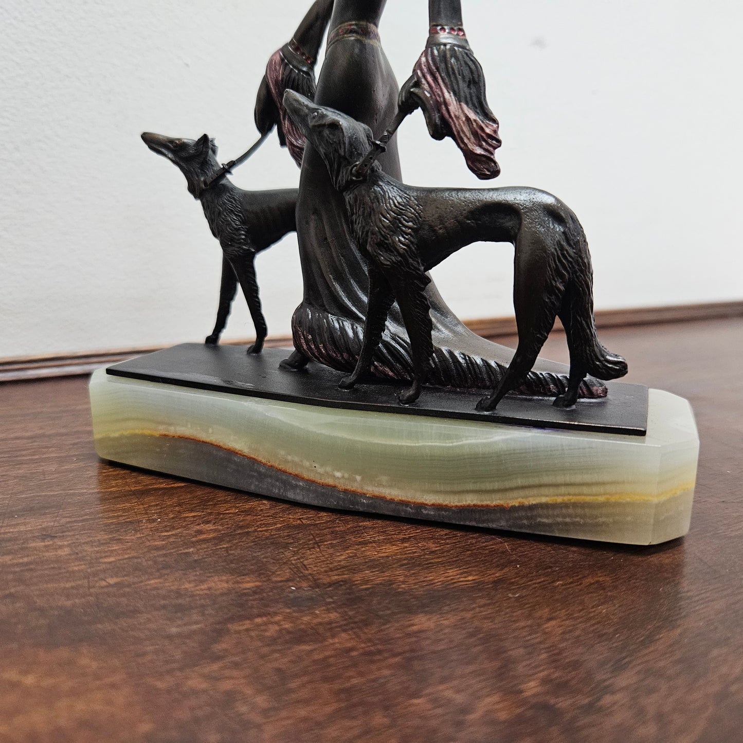 Small Art Deco Bronze Lady With 2 Borzoi Dogs