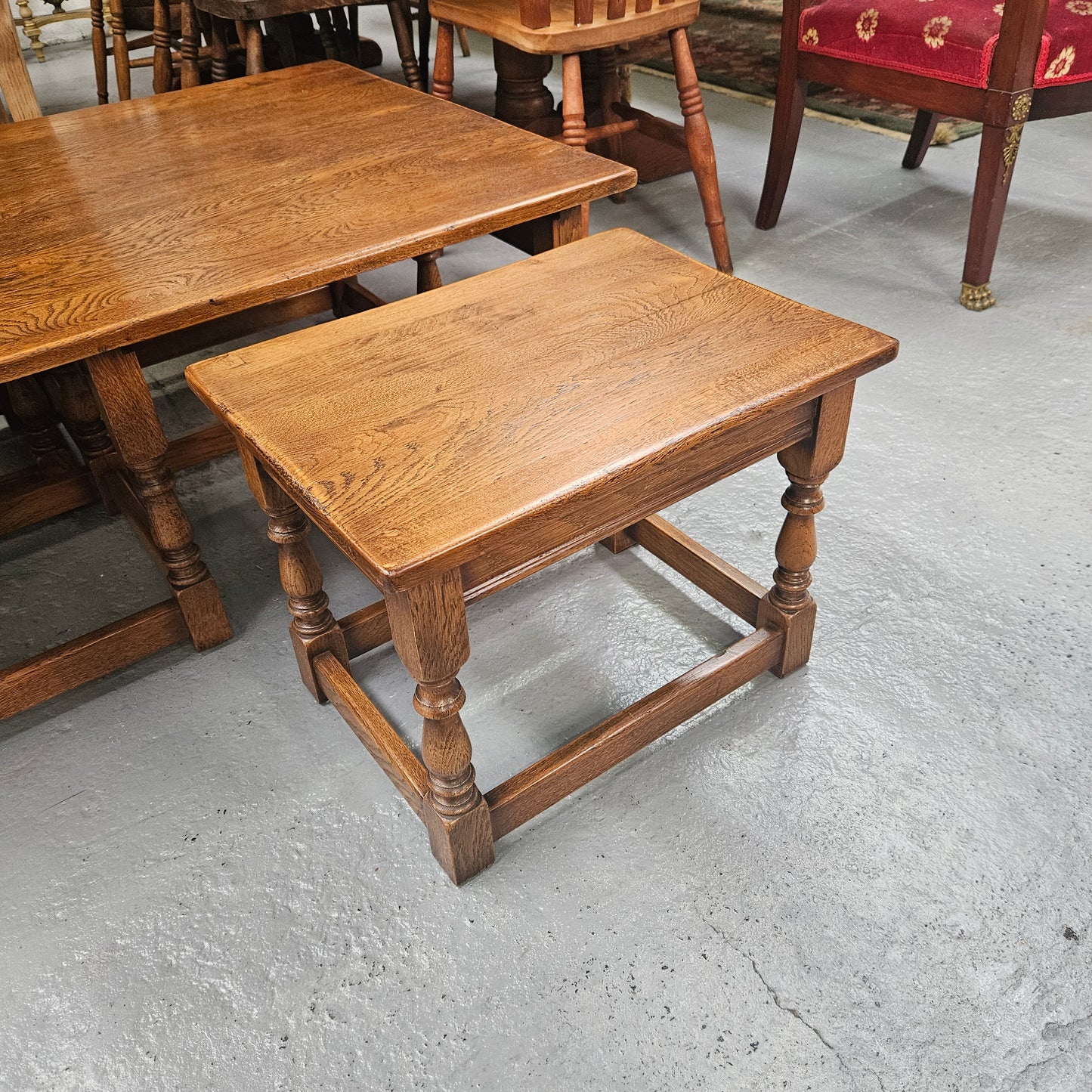 Large Period Style French Oak Coffee Table With Two Pull Out Side Tables