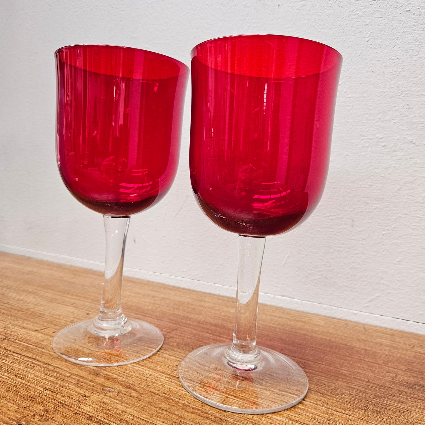 Pair Of Vintage Ruby Red Wine Glasses