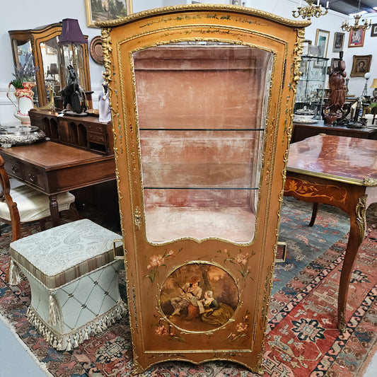 Stunning Rare 19th Century French Salon style vitrine/display cabinet. It has beautifully hand-painted panels and decoration all over with the original two glass shelves inside. It is circa 1900. In very good restored condition.