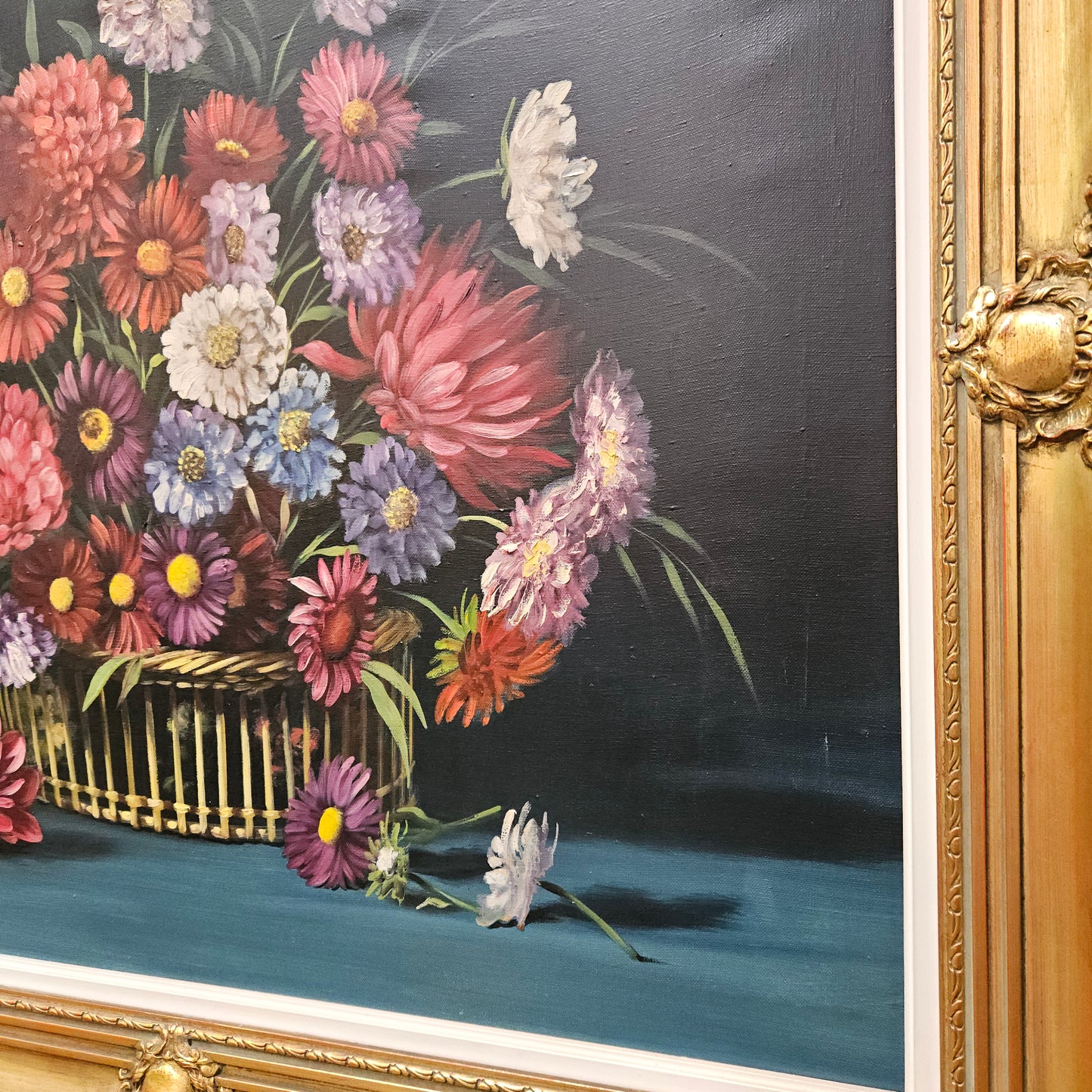 Sourced from France a vibrant signed oil on canvas floral still life in a stunning gilt frame. In good original detailed condition. Please see photos as they form part of the description and condition.