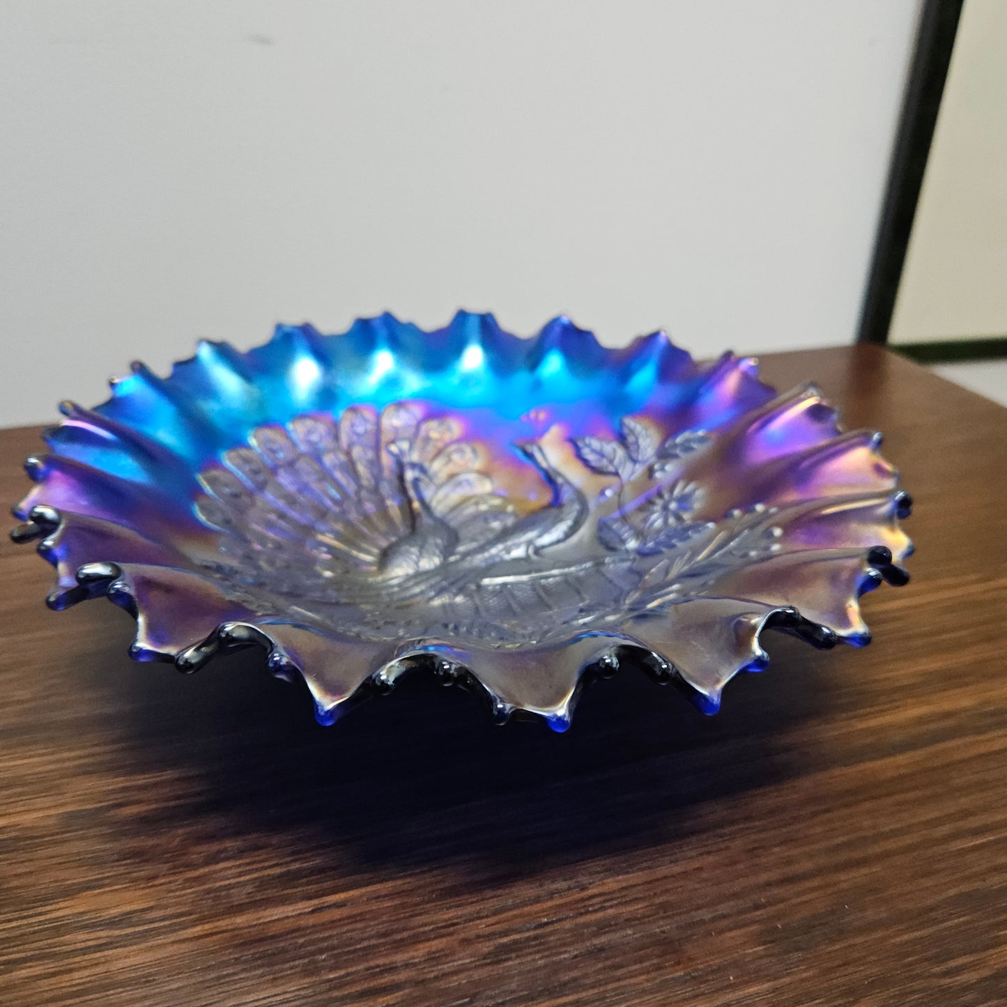 Superb Electric Blue Carnival Glass Bowl Northwood Peacocks