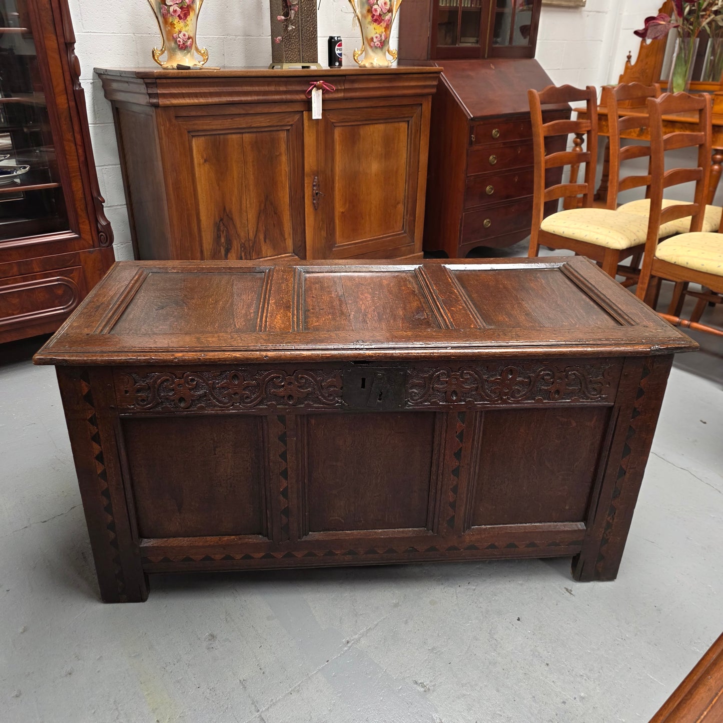 18th Century French Oak Coffer Featuring Beautiful Carvings