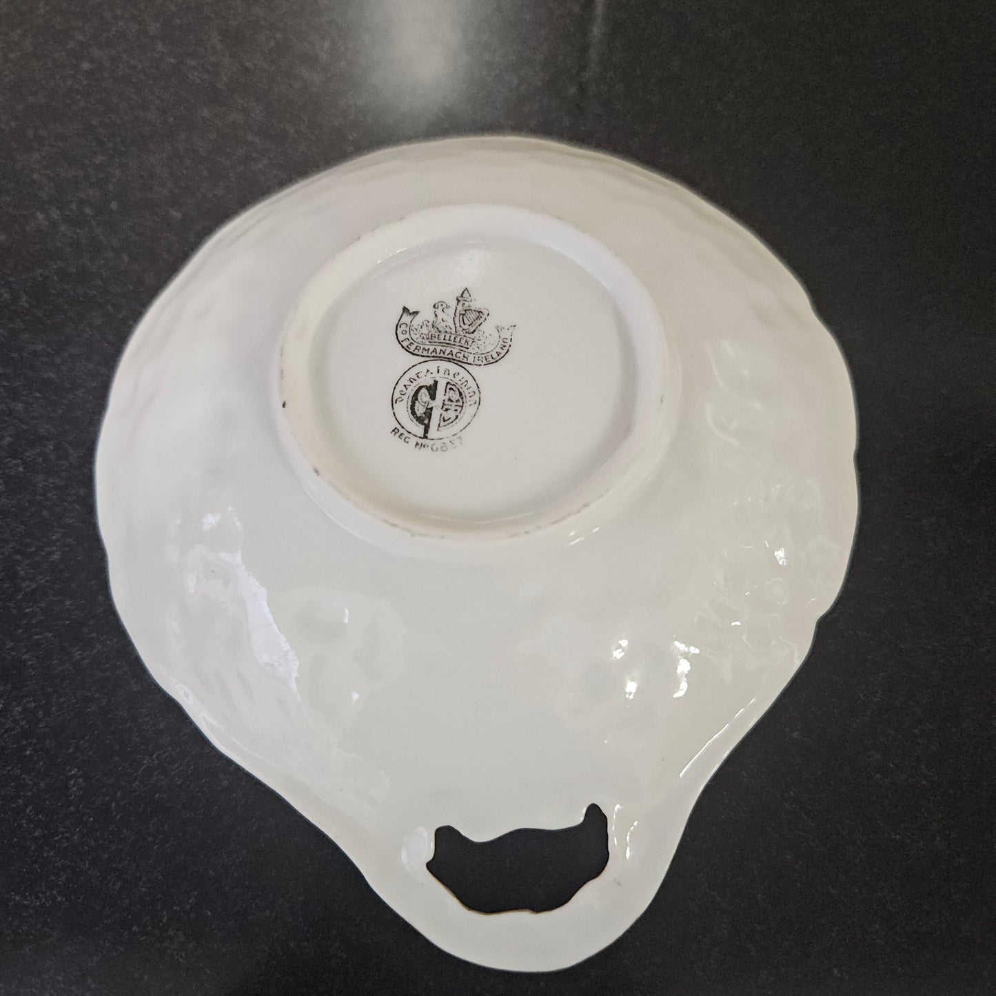 Belleek Shallow Dish With Shamrock Pattern.
