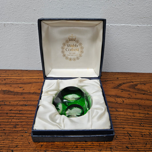 Webb Corbett crystal and green crystal paperweight with intaglio fish on base