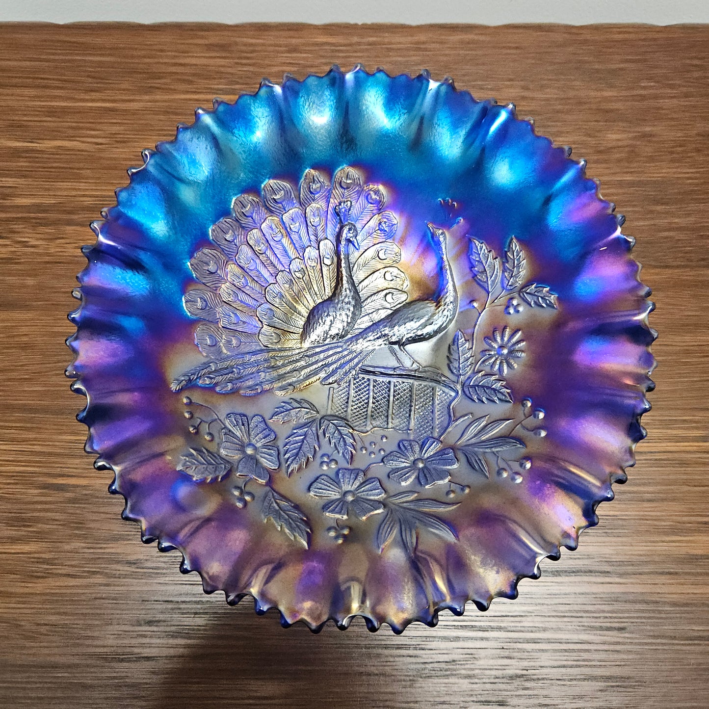 Superb Electric Blue Carnival Glass Bowl Northwood Peacocks