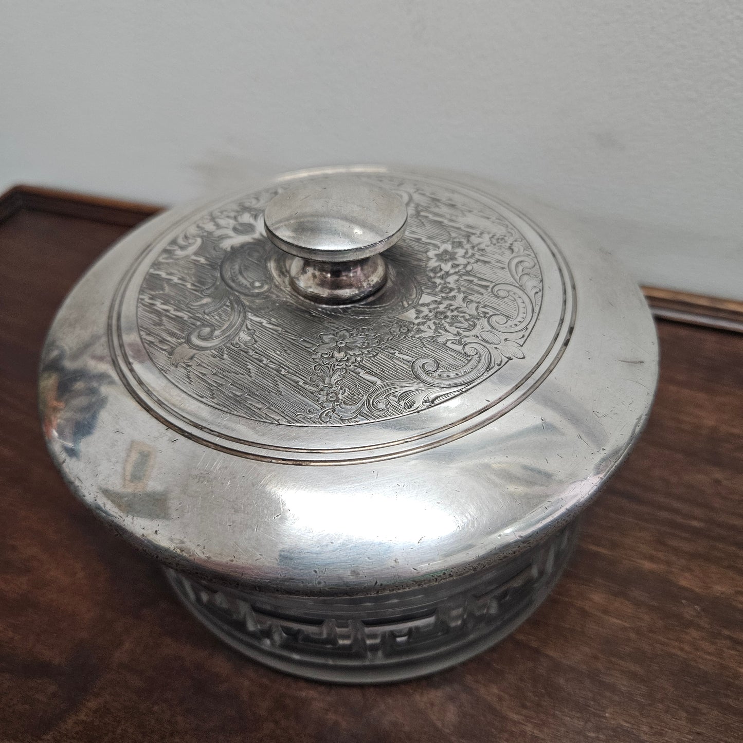 Unusual Victorian Vanity Glass Container with "Greek Key Pattern to Base" with a Silver Lid & Internal Mirror
