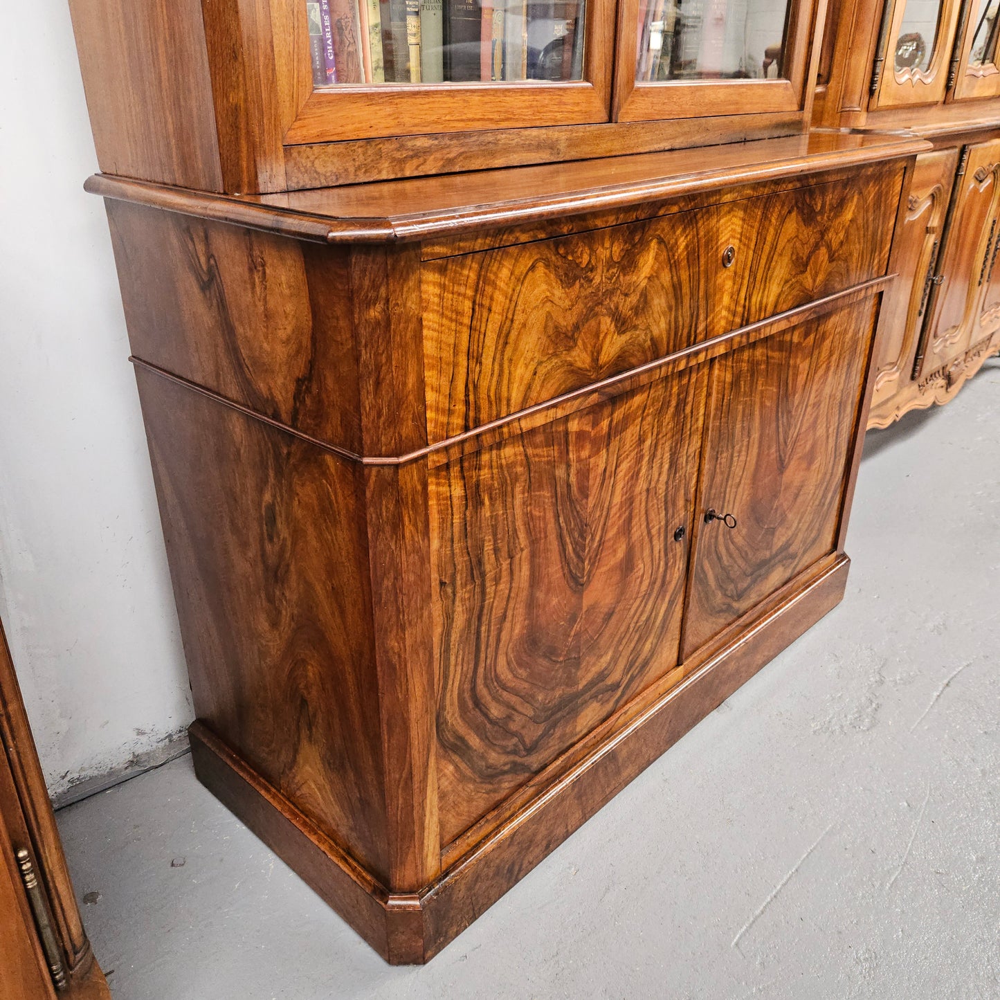 19th Century French Figured Walnut Two Door Bookcase Secretaire