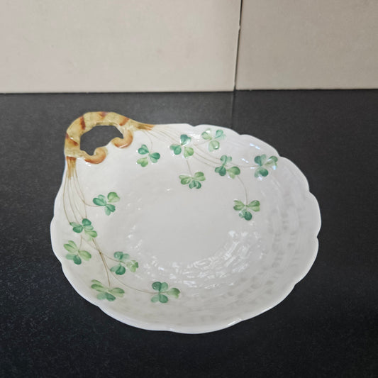 Belleek Shallow Dish With Shamrock Pattern.