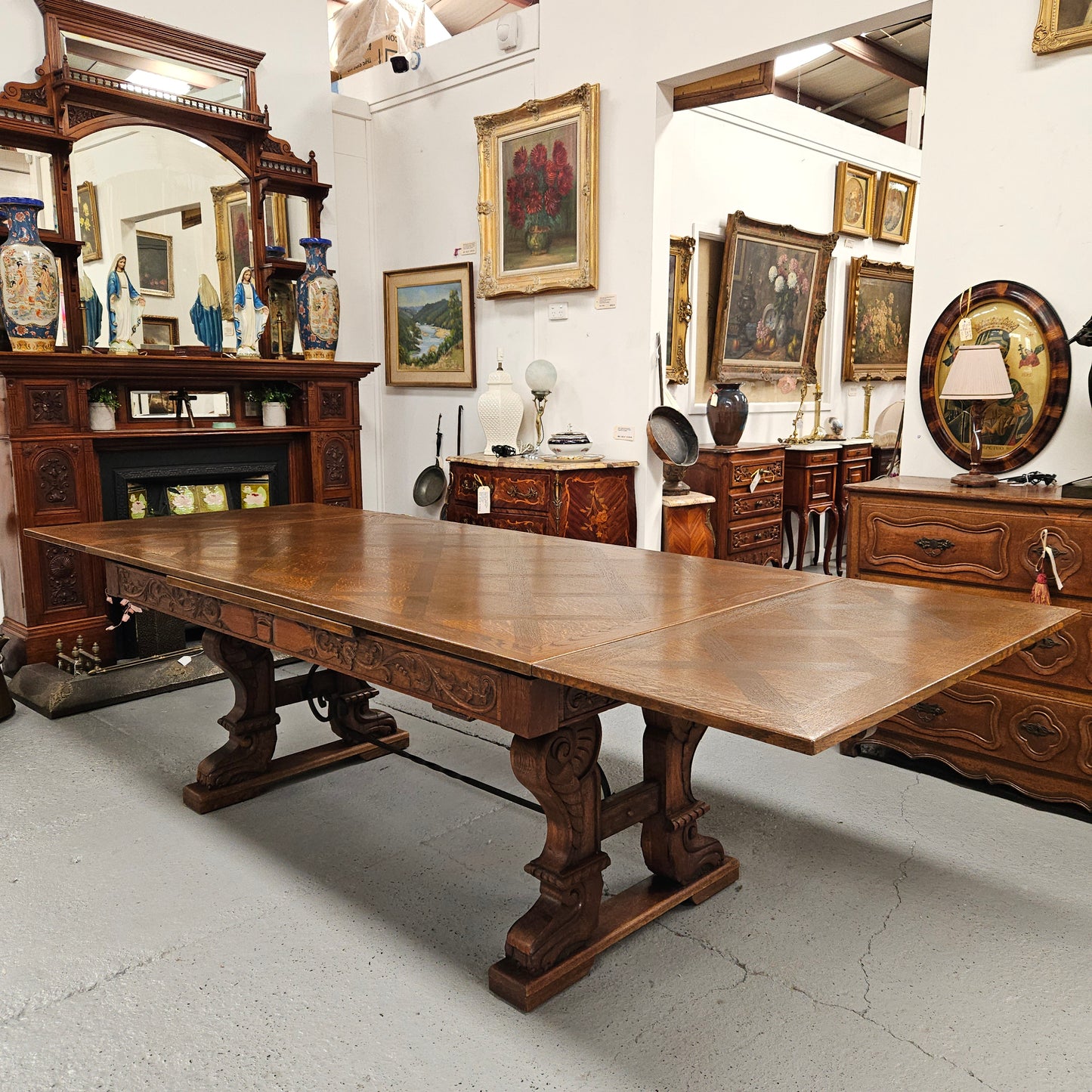 French Oak Spanish Style Parquetry Top Extension Dining Table