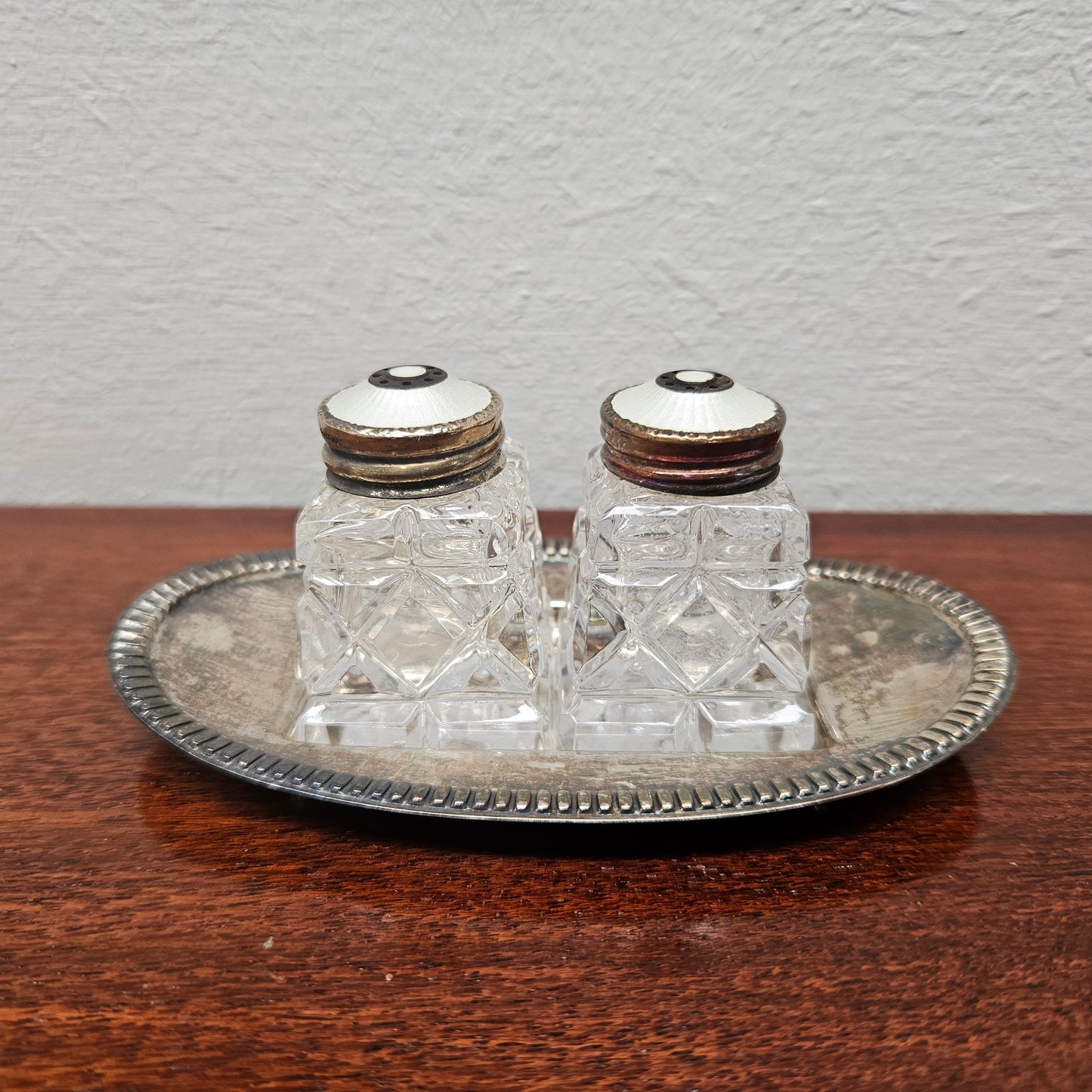 David Andersen Norway Crystal Sterling Silver Enamel Salt & Pepper Shakers On Tray