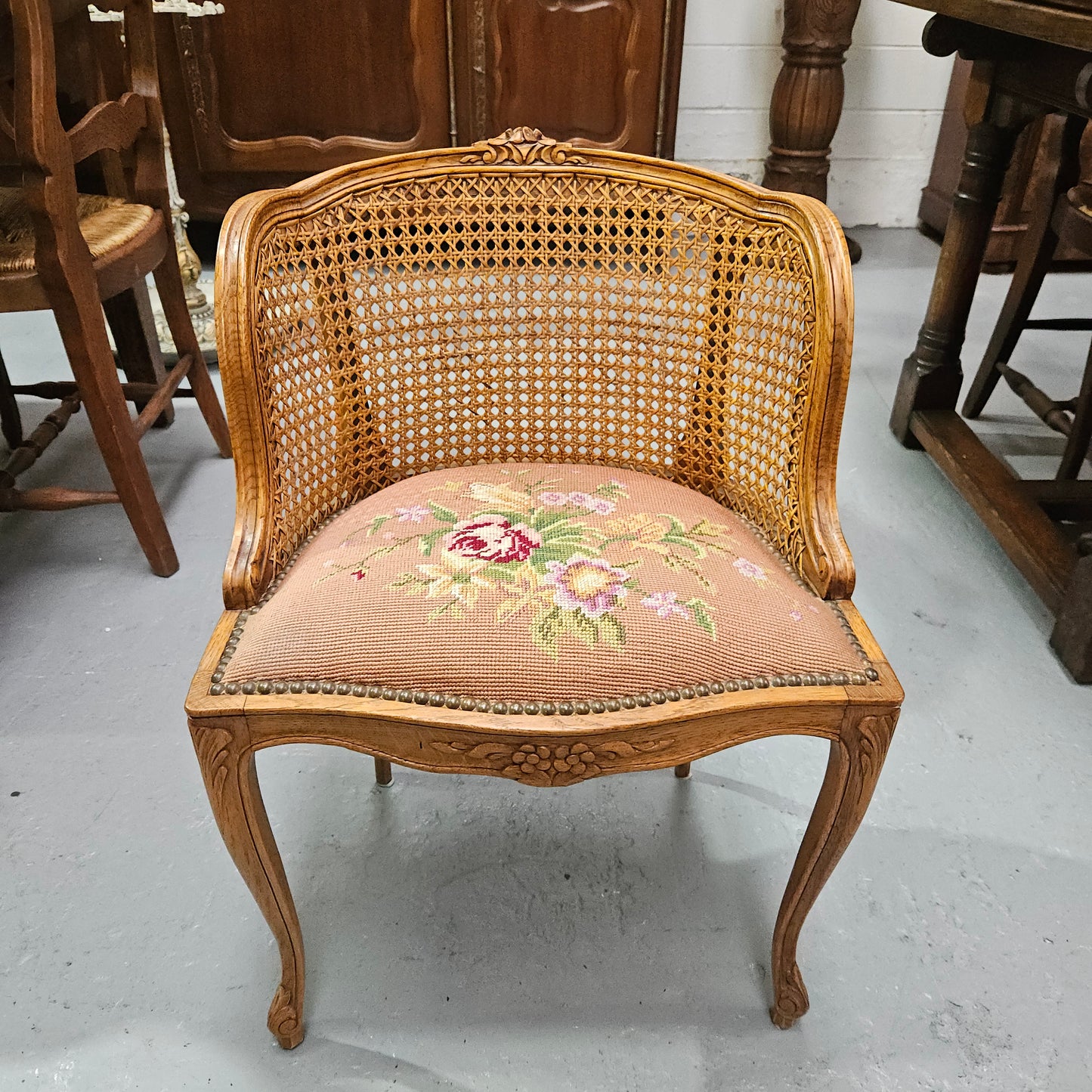 French Oak Louis XV Style Tapestry Upholstered Fauteuil