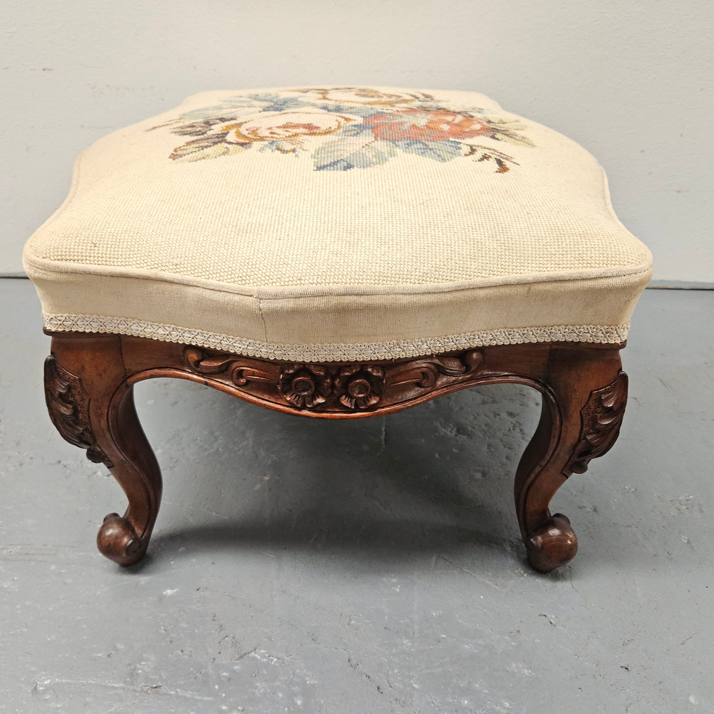French Mahogany Louis XV Style Footstool With Floral Tapestry