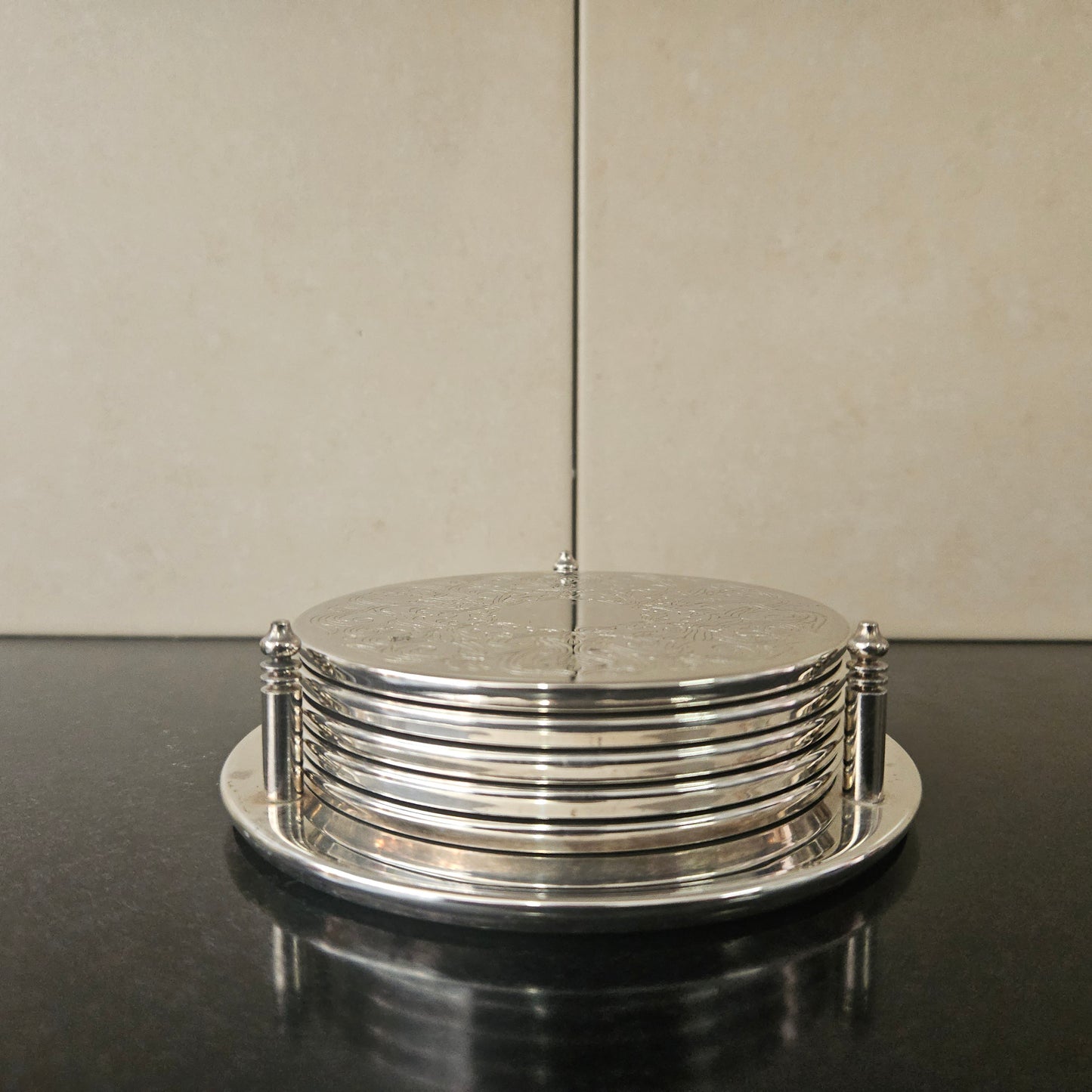 Set of Five Vintage Coasters and Holder